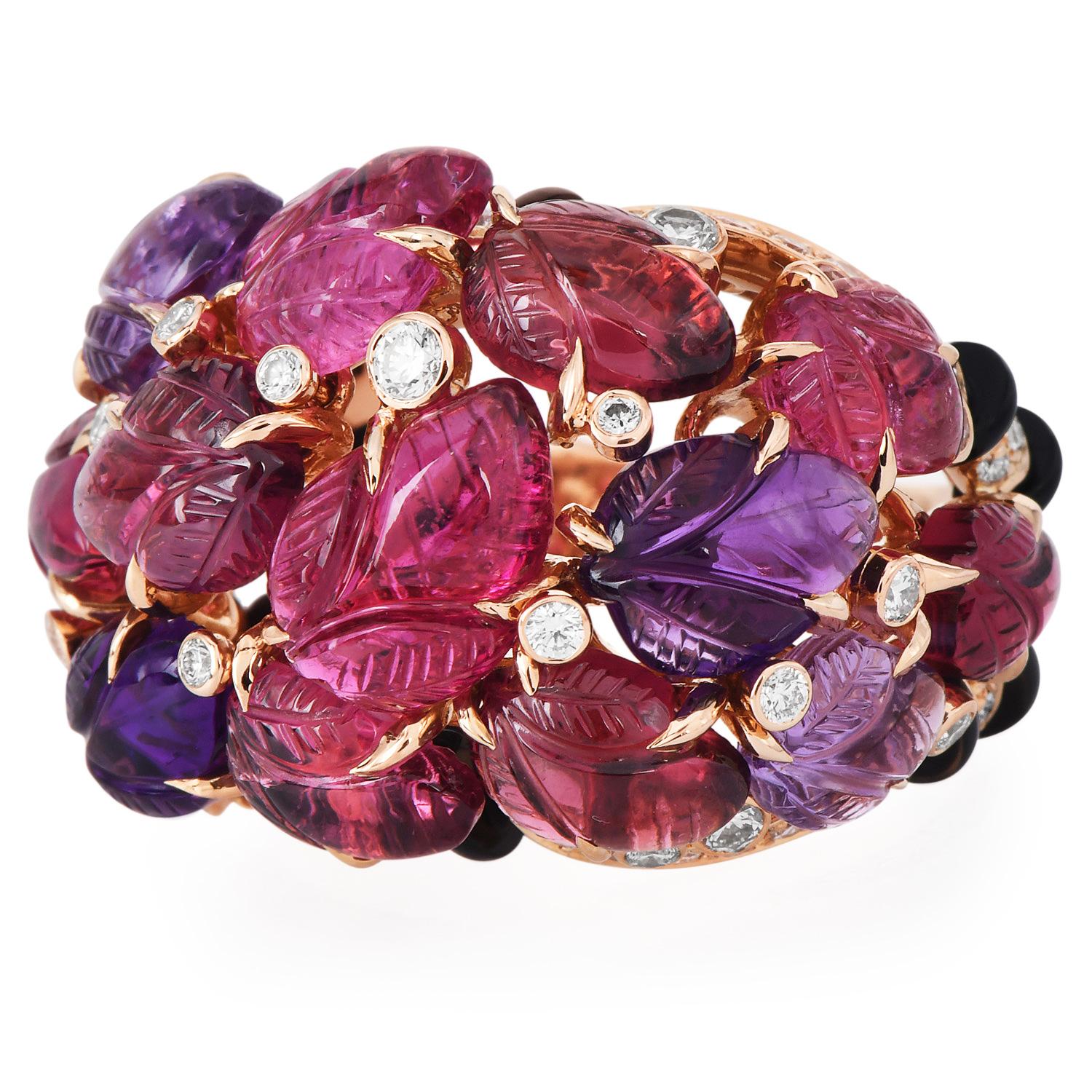 Cartier France Pierrs Gravees Engraved Gems 18k Rose gold Cockatil Ring Size 53 2