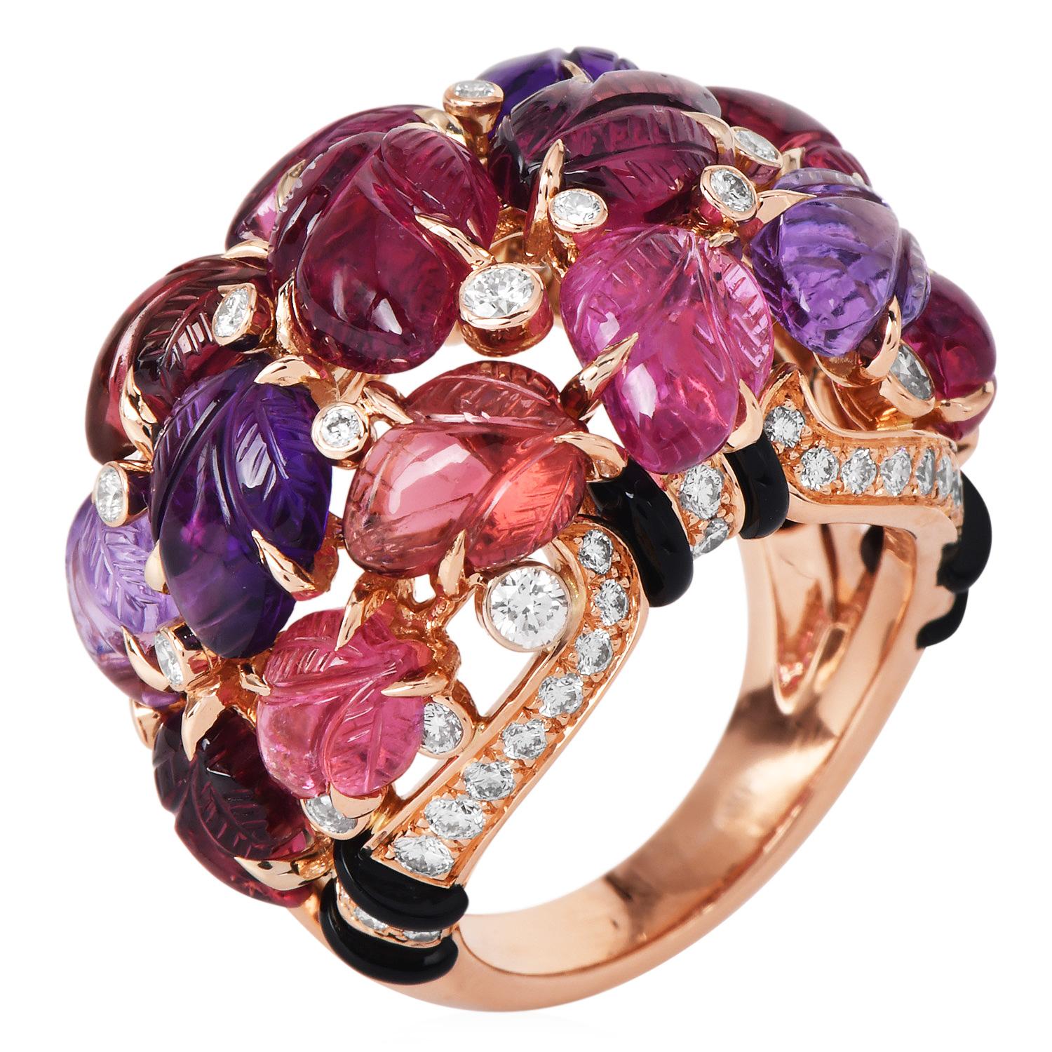 Cartier France Pierrs Gravees Engraved Gems 18k Rose gold Cockatil Ring Size 53 3