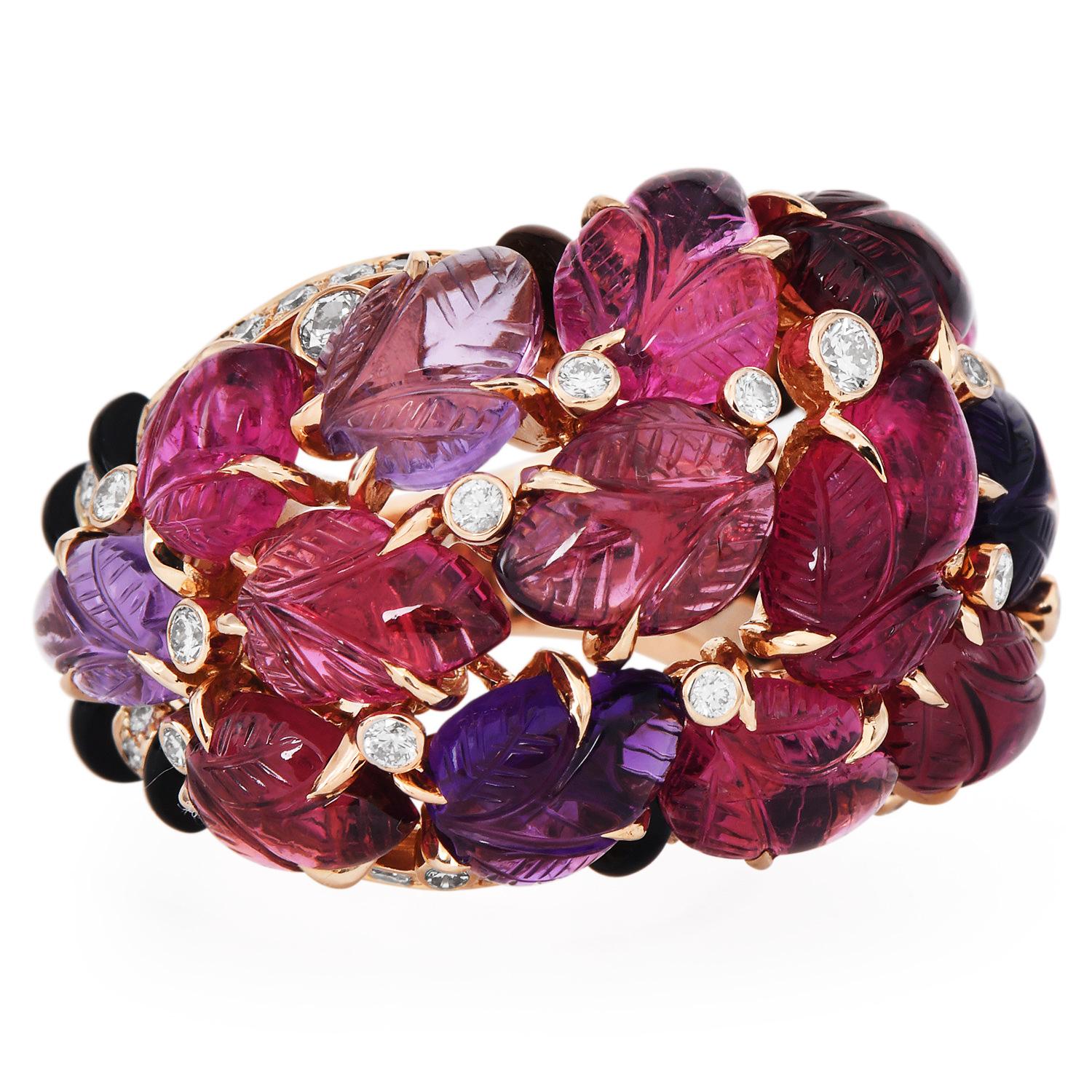 Cartier France Pierrs Gravees Engraved Gems 18k Rose gold Cockatil Ring Size 53 6