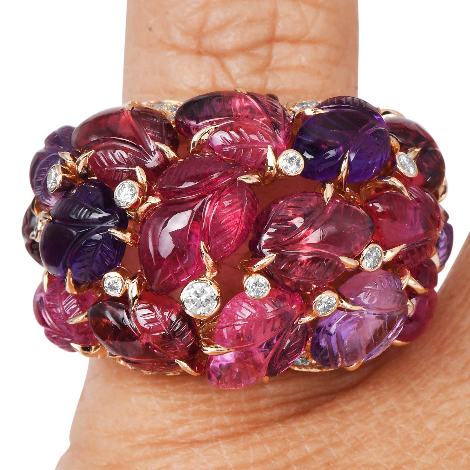 Cartier France Pierrs Gravees Engraved Gems 18k Rose gold Cockatil Ring Size 53 7