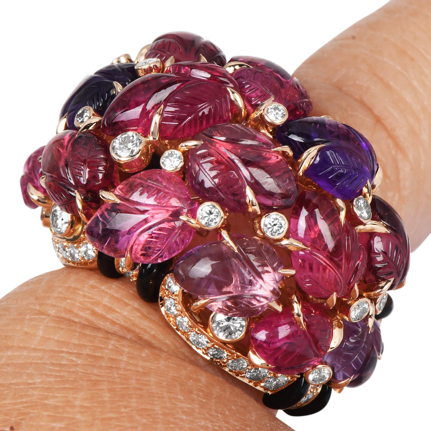 Cartier France Pierrs Gravees Engraved Gems 18k Rose gold Cockatil Ring Size 53 8