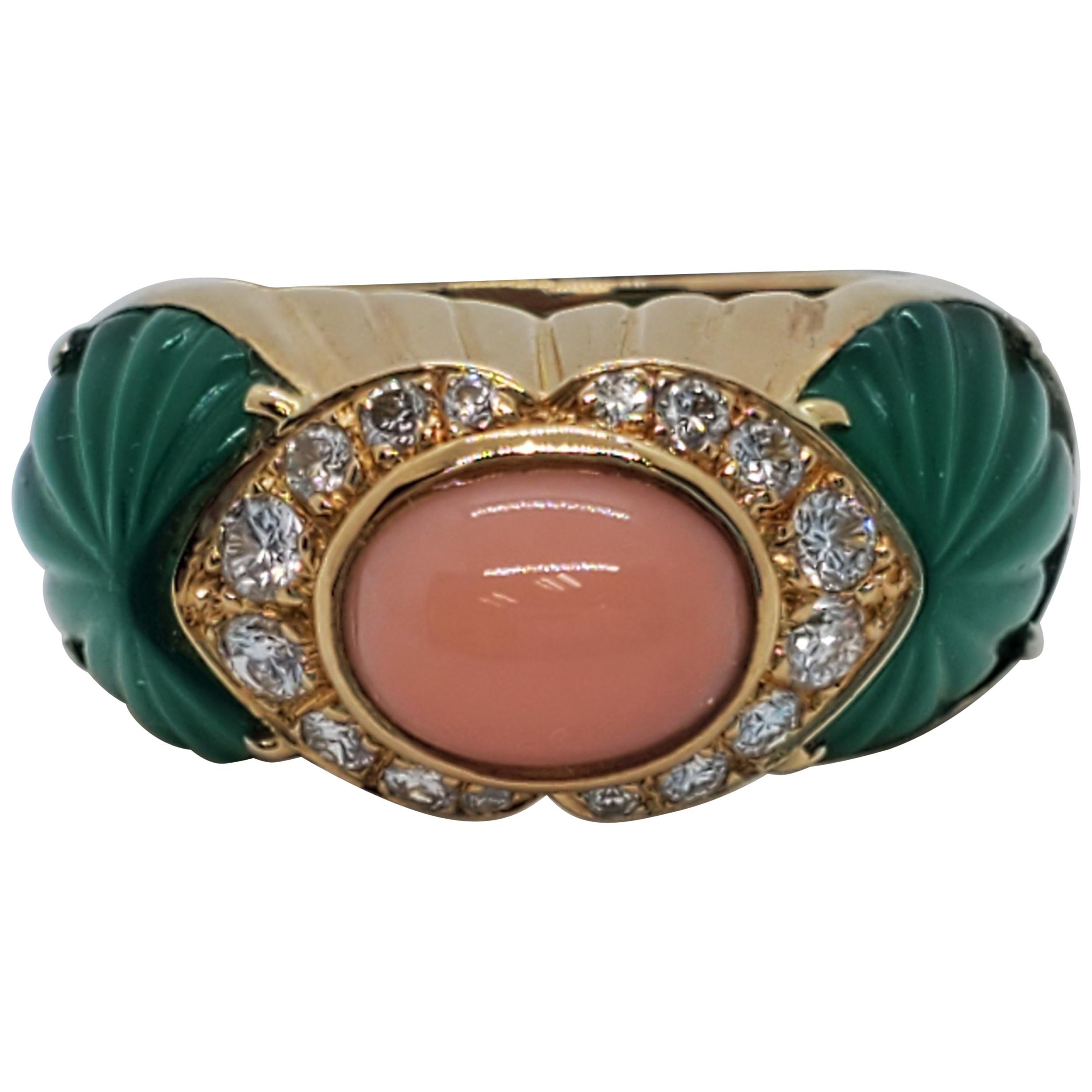 Cartier Pink Coral Oval Cabochon and Carved Chalcedony Ring in 18 Karat Gold