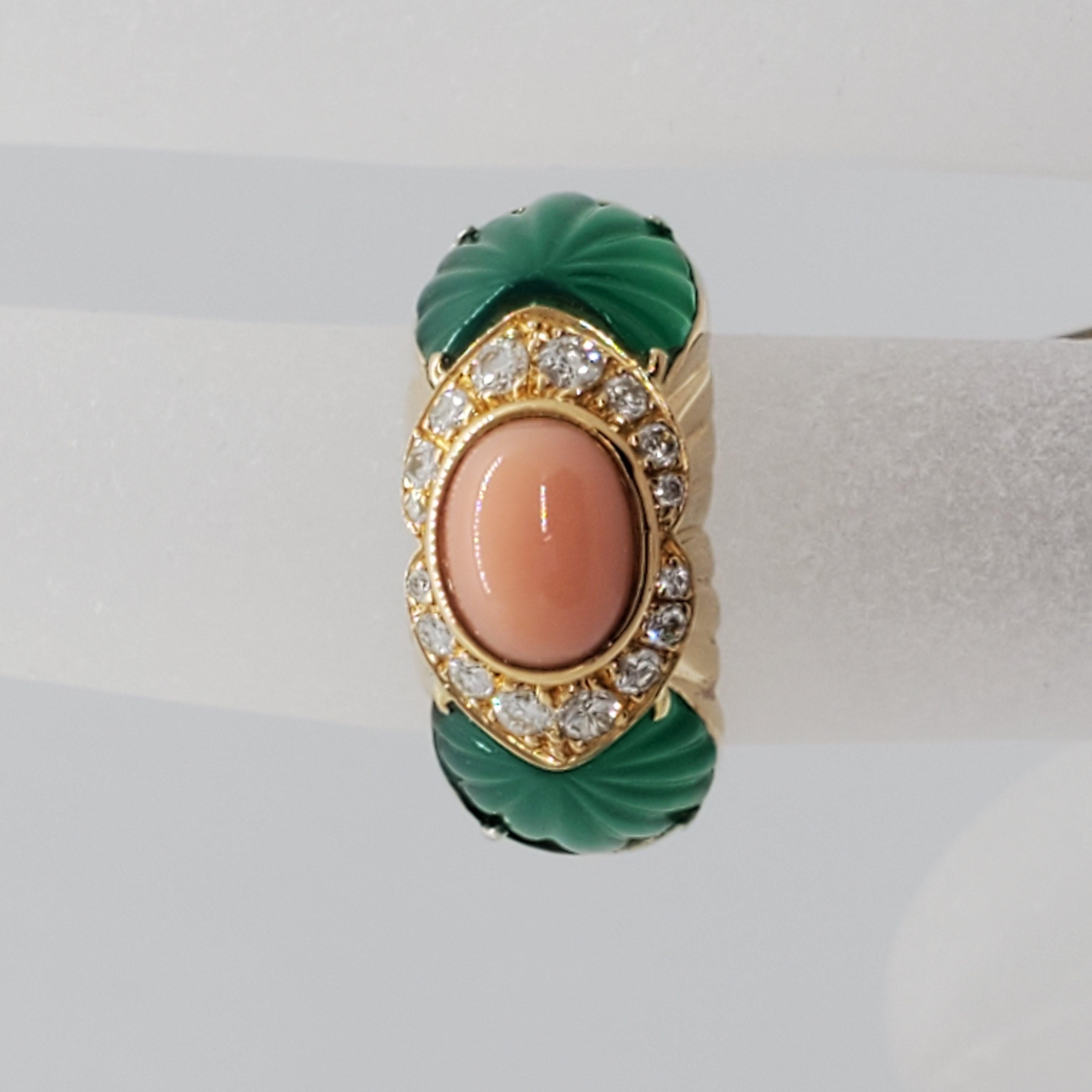 Women's or Men's Cartier Pink Coral Oval Cabochon and Carved Chalcedony Ring in 18 Karat Gold
