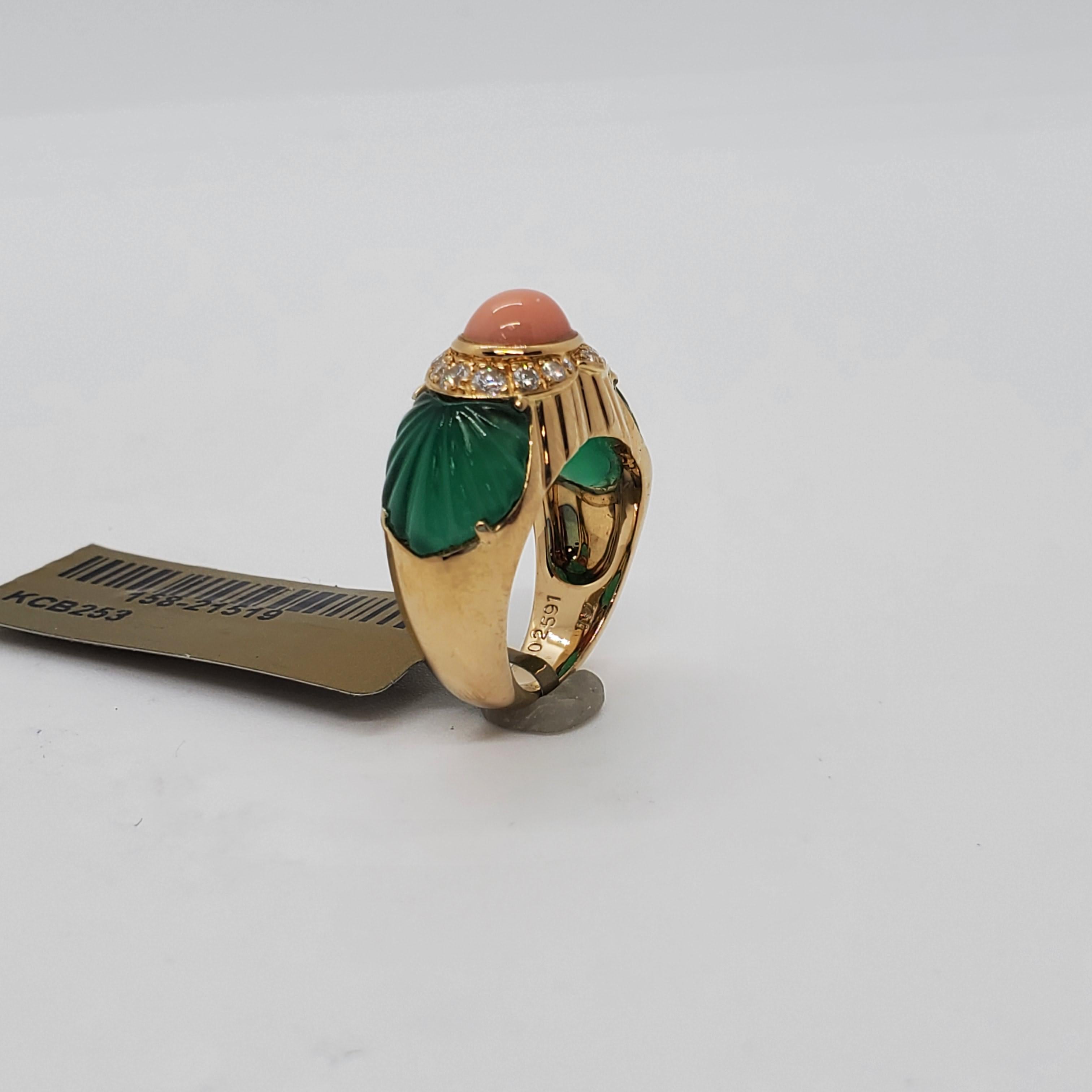 Cartier Pink Coral Oval Cabochon and Carved Chalcedony Ring in 18 Karat Gold 1