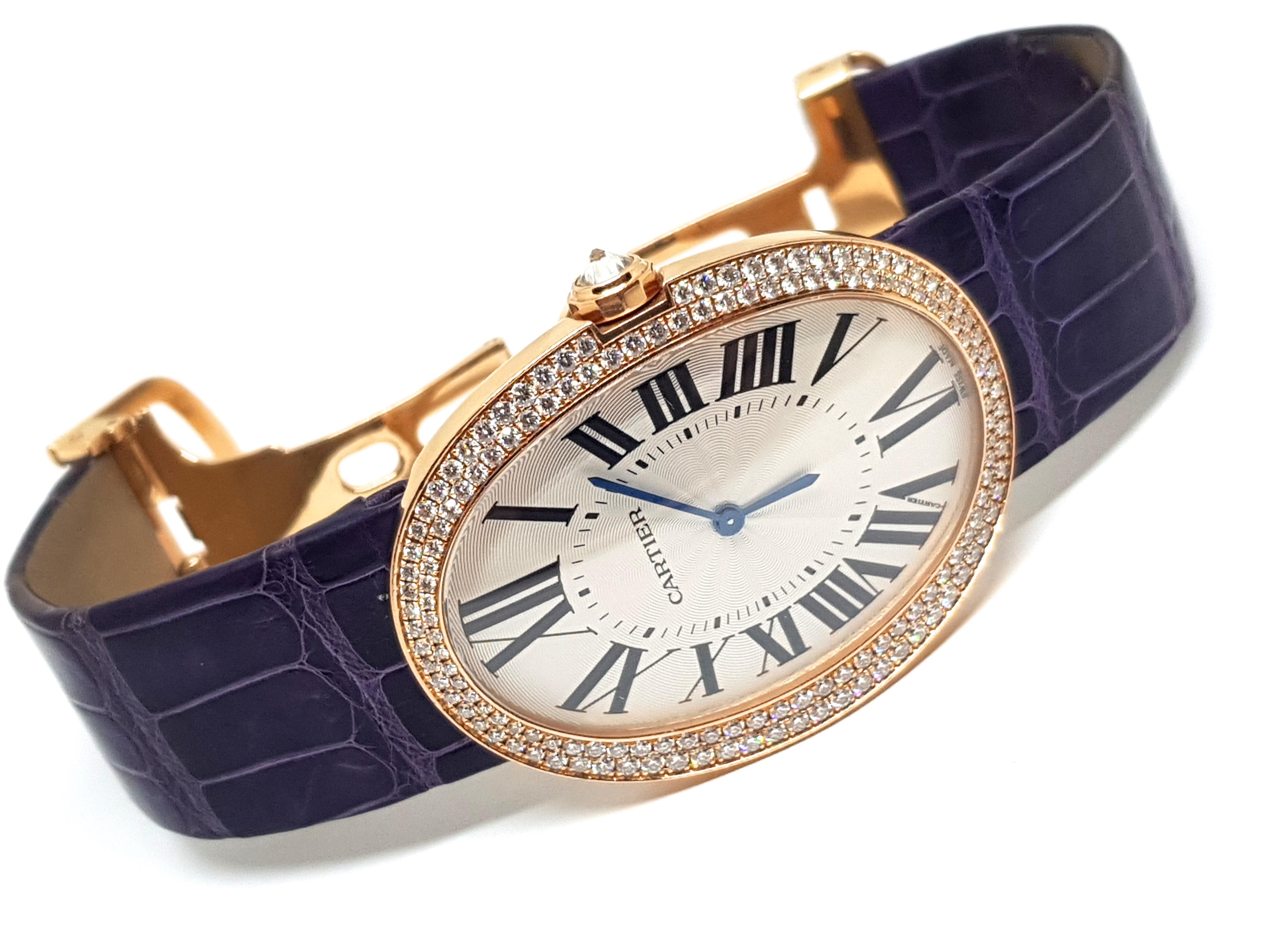 Cartier Baignoire Watch Large Model 18K Pink Gold Pave Diamonds 
Signed Cartier Swiss Made Au750 86456RX Water Resistant 3033 
Manual Winding 
18K Pink Gold 
Total Weight: 72,0gr. 
Diamonds: 1,44ct. 
Diameter with Crown: 36,00mm 
length: adjustable