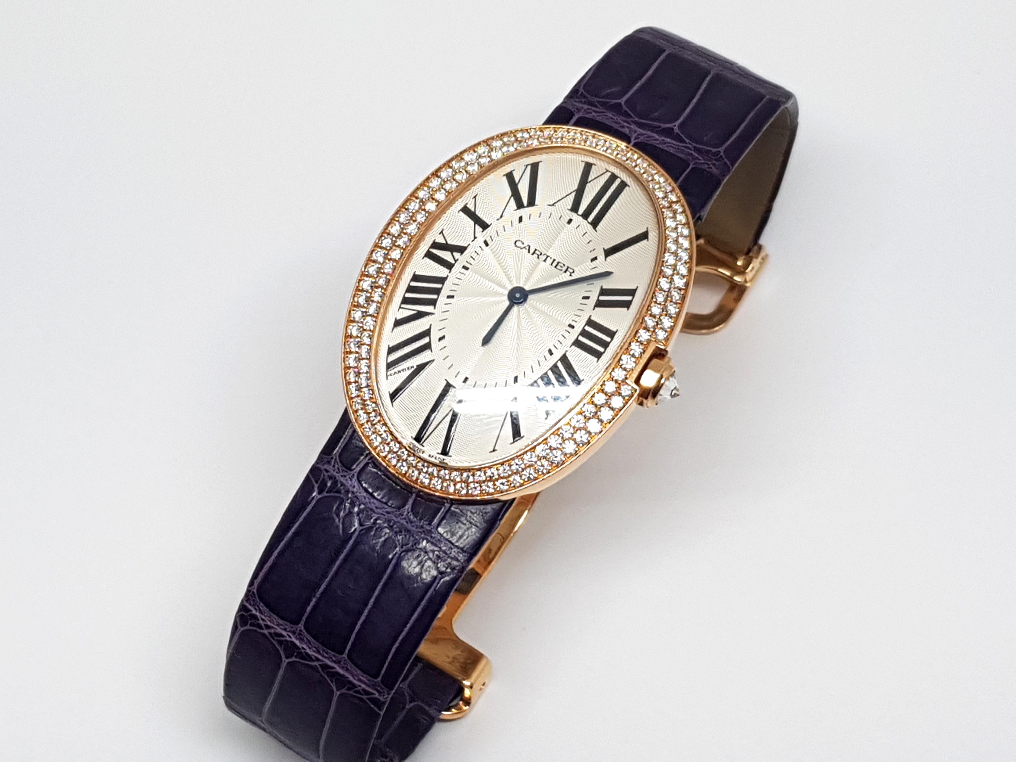 Round Cut Cartier Pink Gold Diamond Baignoire Large Model Manual Wristwatch