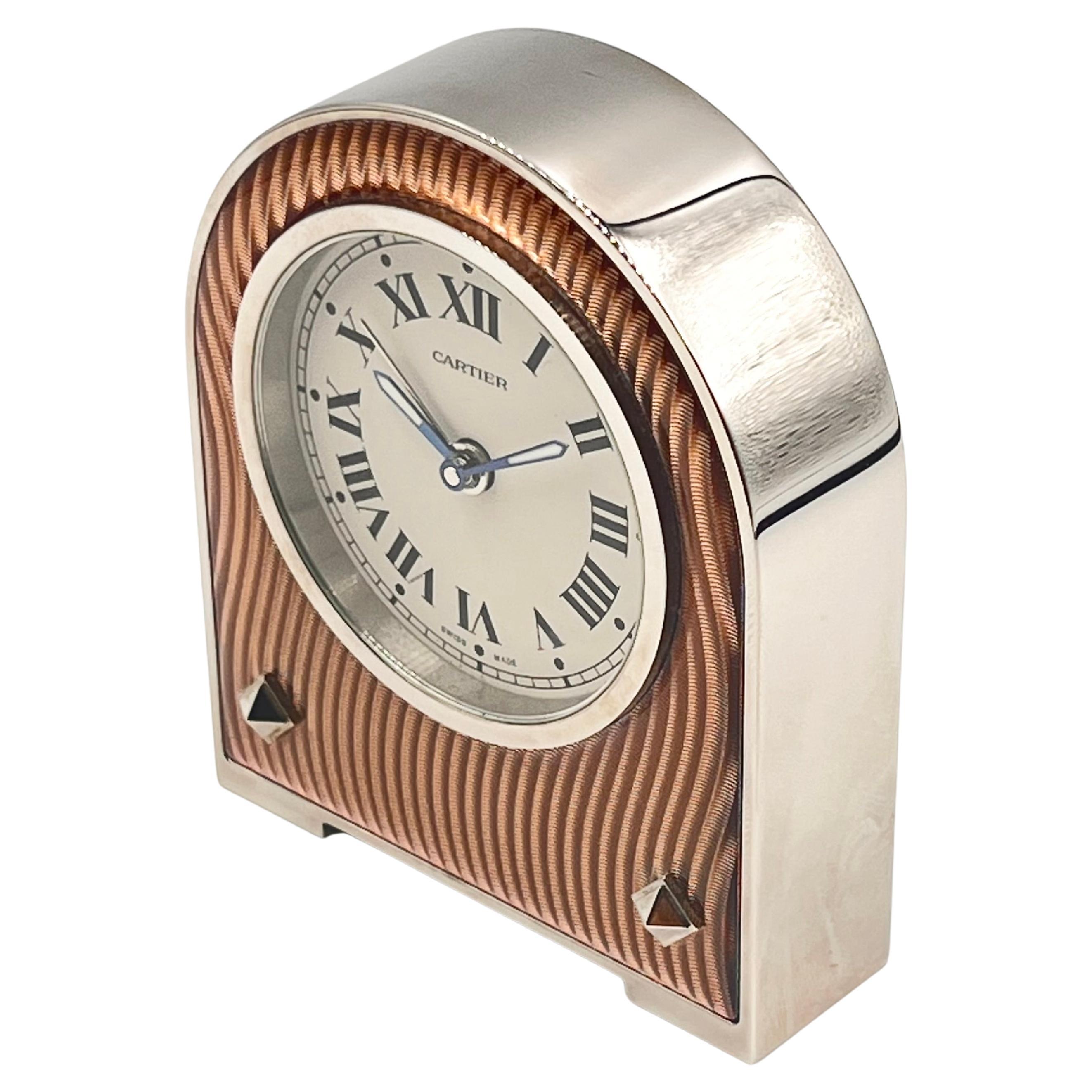 Women's or Men's Cartier Pink Guilloche Enamel Alarm Desk Clock