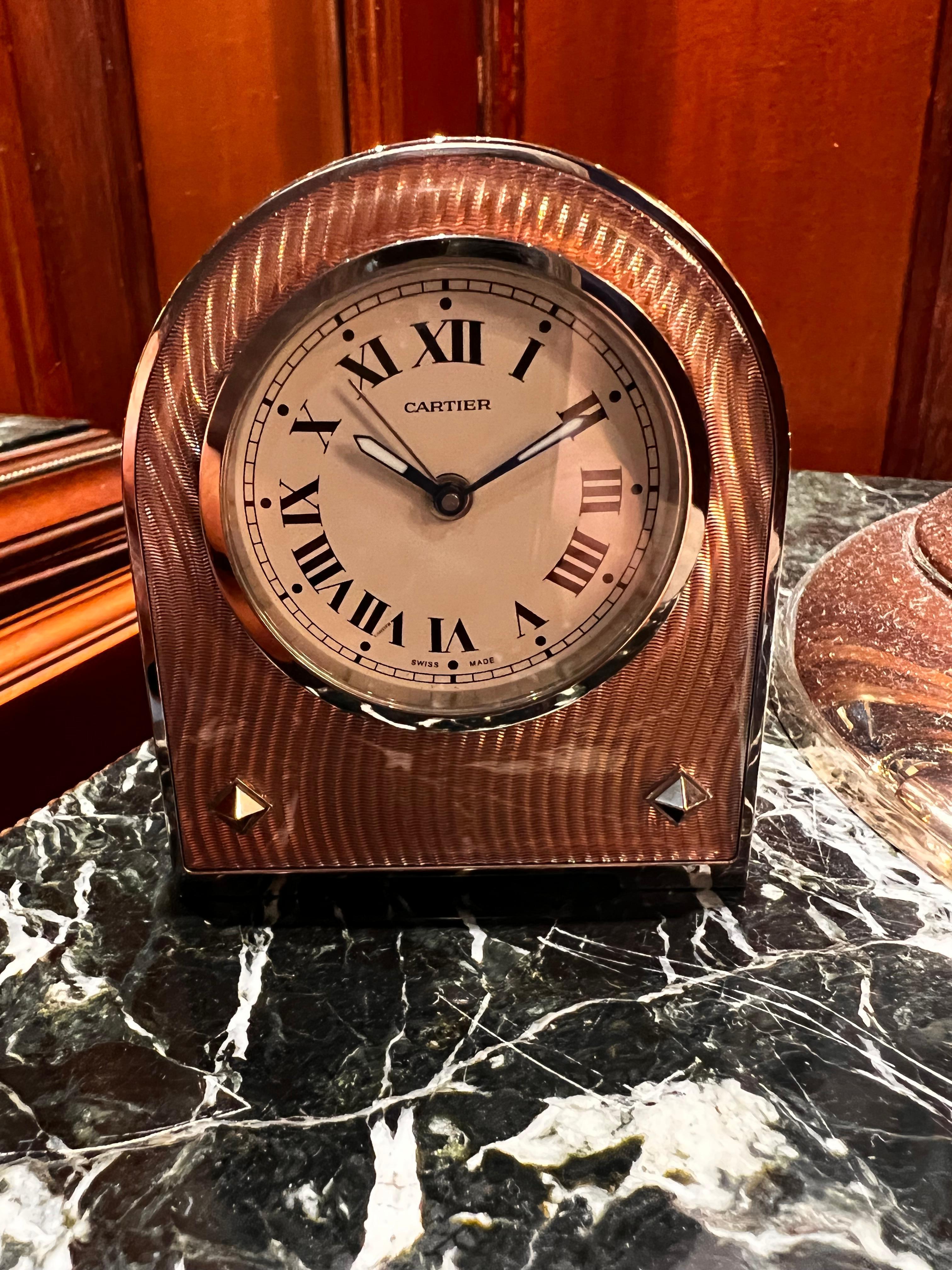 Cartier Pink Guilloche Enamel Alarm Desk Clock 1