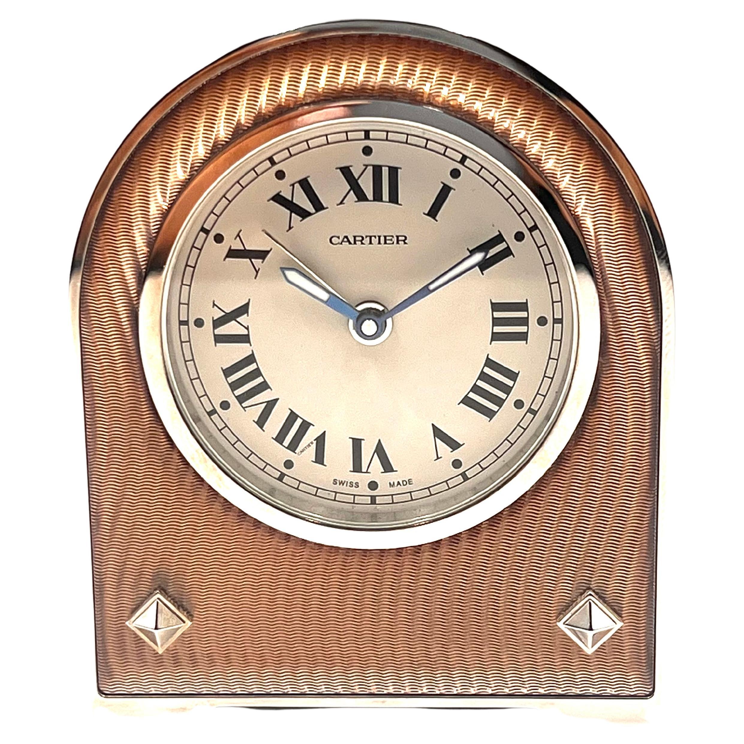 Cartier Pink Guilloche Enamel Alarm Desk Clock