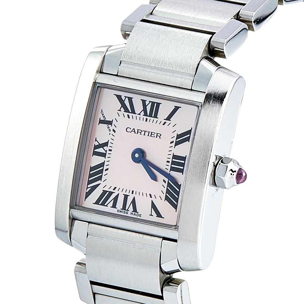 Embrace a look of classiness with this wristwatch from the house of Cartier. Part of the Tank Francaise collection, this wristwatch is detailed with a pink MOP dial surrounded by a stainless steel case. The bracelet is made of stainless steel and