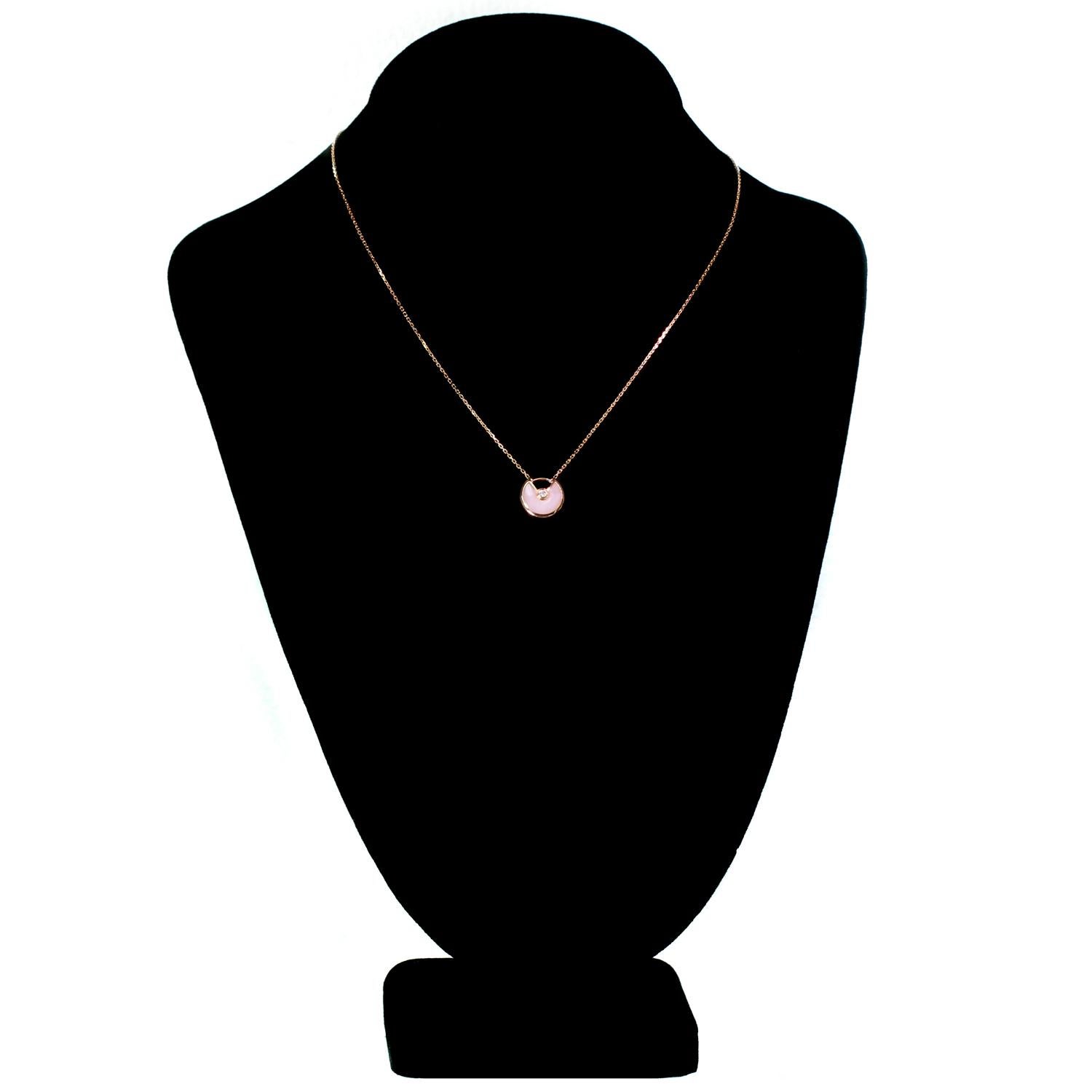 Round Cut Cartier Pink Opal Rose Gold Amulette Pendant Necklace