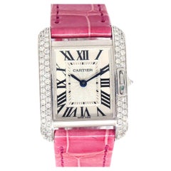 CARTIER Pink Tank Anglaise Alligator Exotic 18K White Gold Diamond Watch