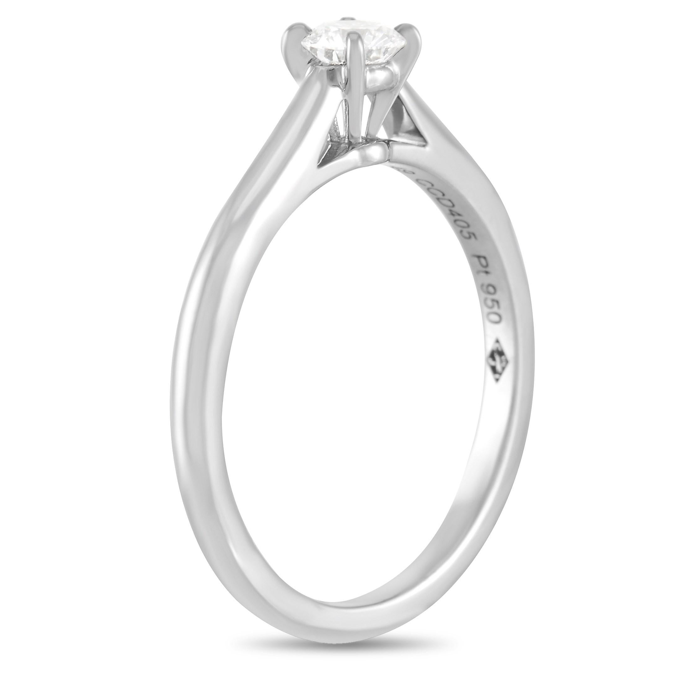 This Cartier Platinum 0.29 ct Diamond Solitaire Ring is perfect for the one you love. The band is crafted from platinum and set with a solitary round cut 0.29 carat diamond that is D color, VS1 clarity. The ring has a band thickness of 1 mm, a top