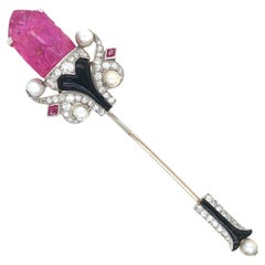 Cartier, Spilla Jabot in platino oro 18 carati con perle rubino smalto e diamanti, IAJA, GIA