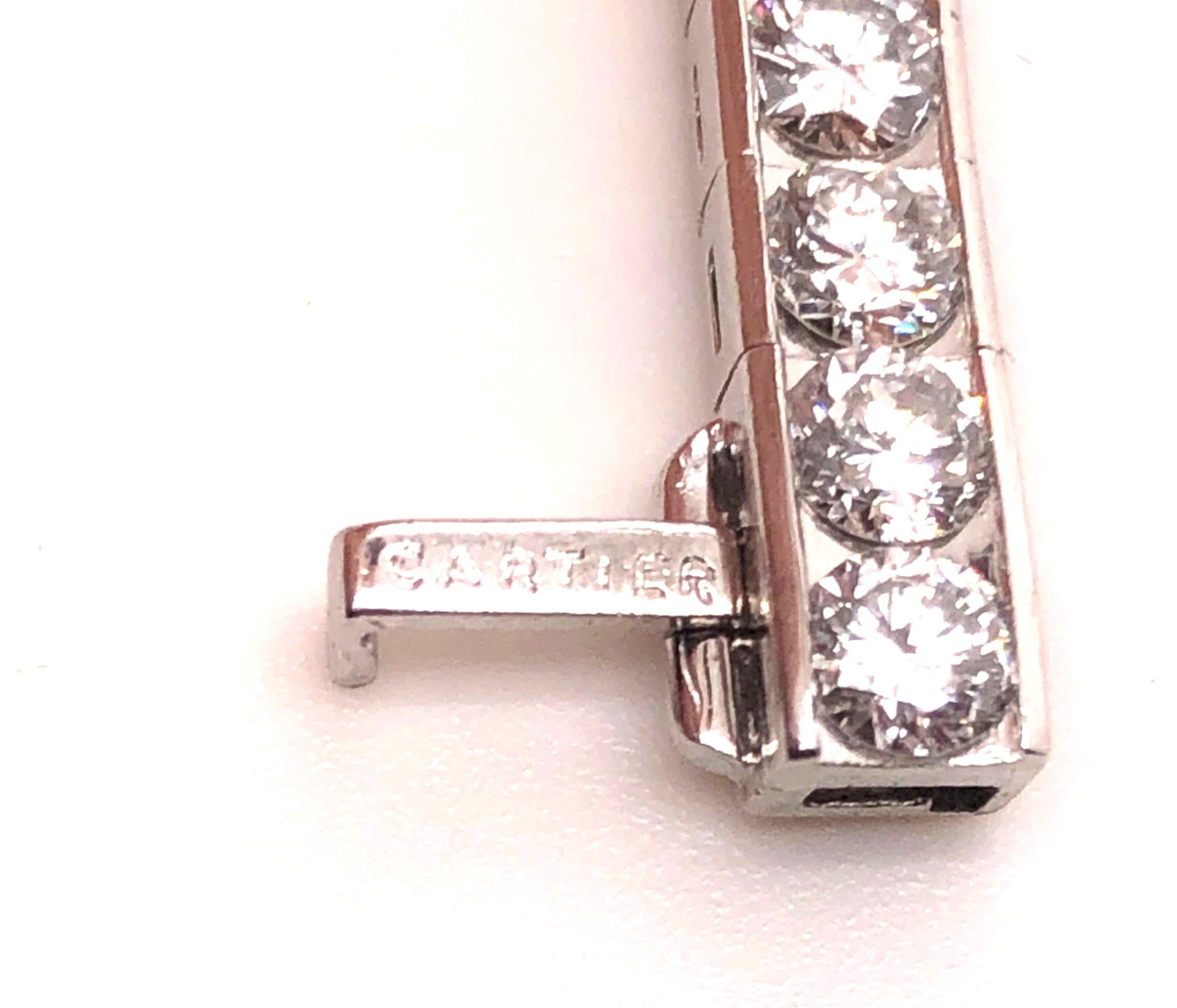 Spectacular 1950's Cartier bracelet in platinum. The line bracelet is made in all platinum and contains 9.18 total carats of round brilliant cut diamonds. Round Brilliant cut diamonds were just emerging in the 1950's so to have an entire bracelet of