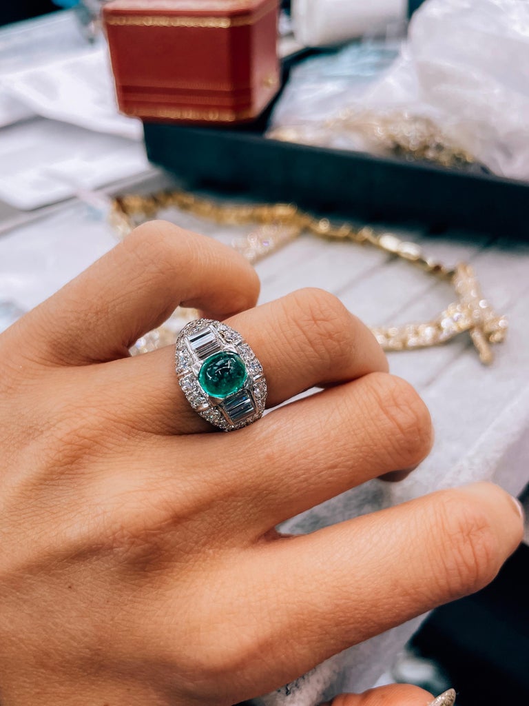 Cartier Platinum Cabochon Emerald and Diamond Vintage Ring