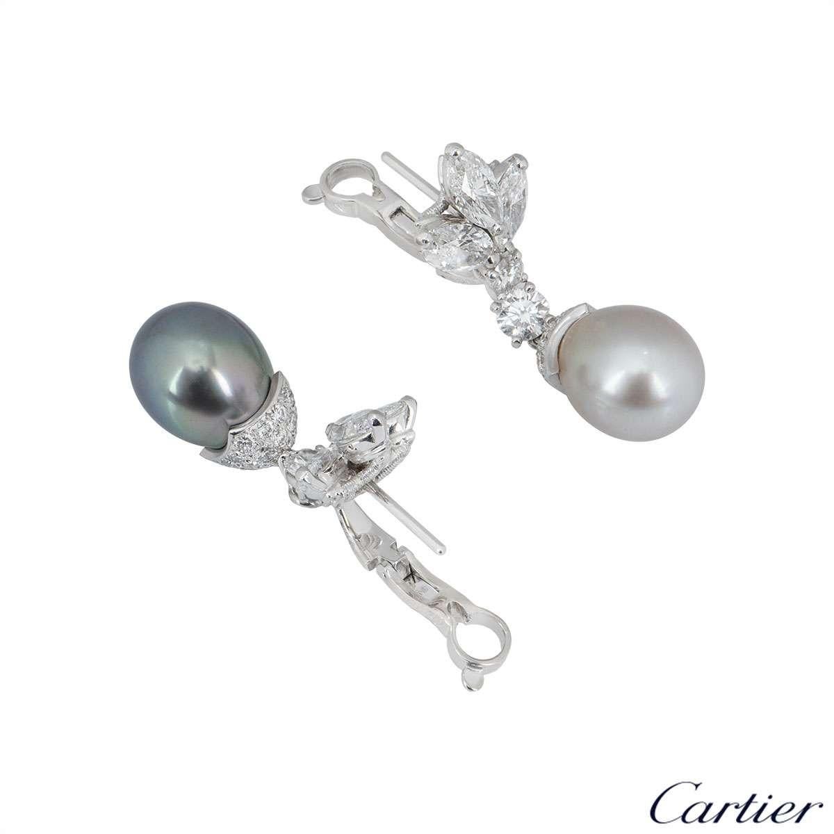 Marquise Cut Cartier Platinum Cartier de Lune Diamond and Pearl Earrings