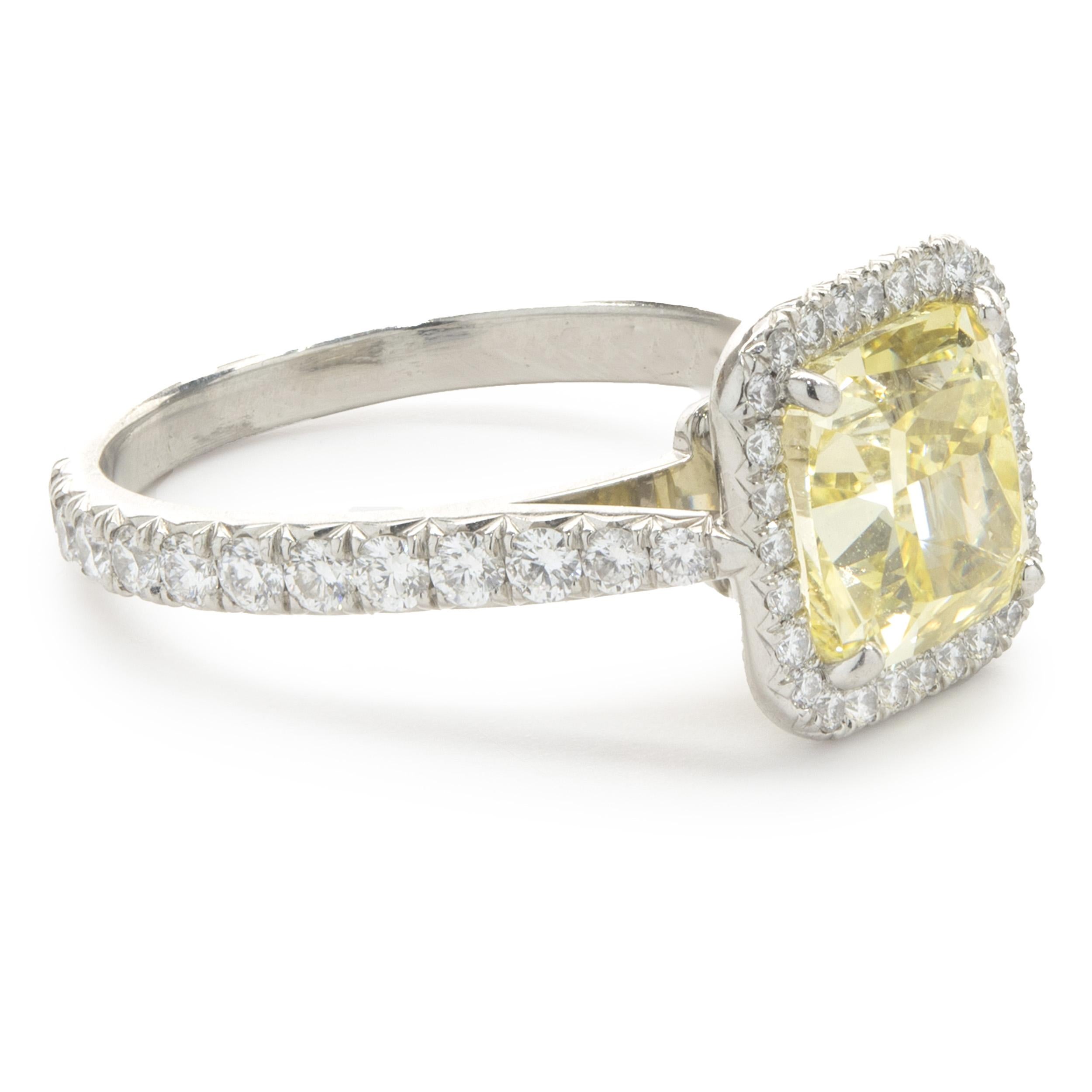 Cartier Platinum Cushion Cut Intense Fancy Yellow Diamond Engagement Ring In Excellent Condition In Scottsdale, AZ