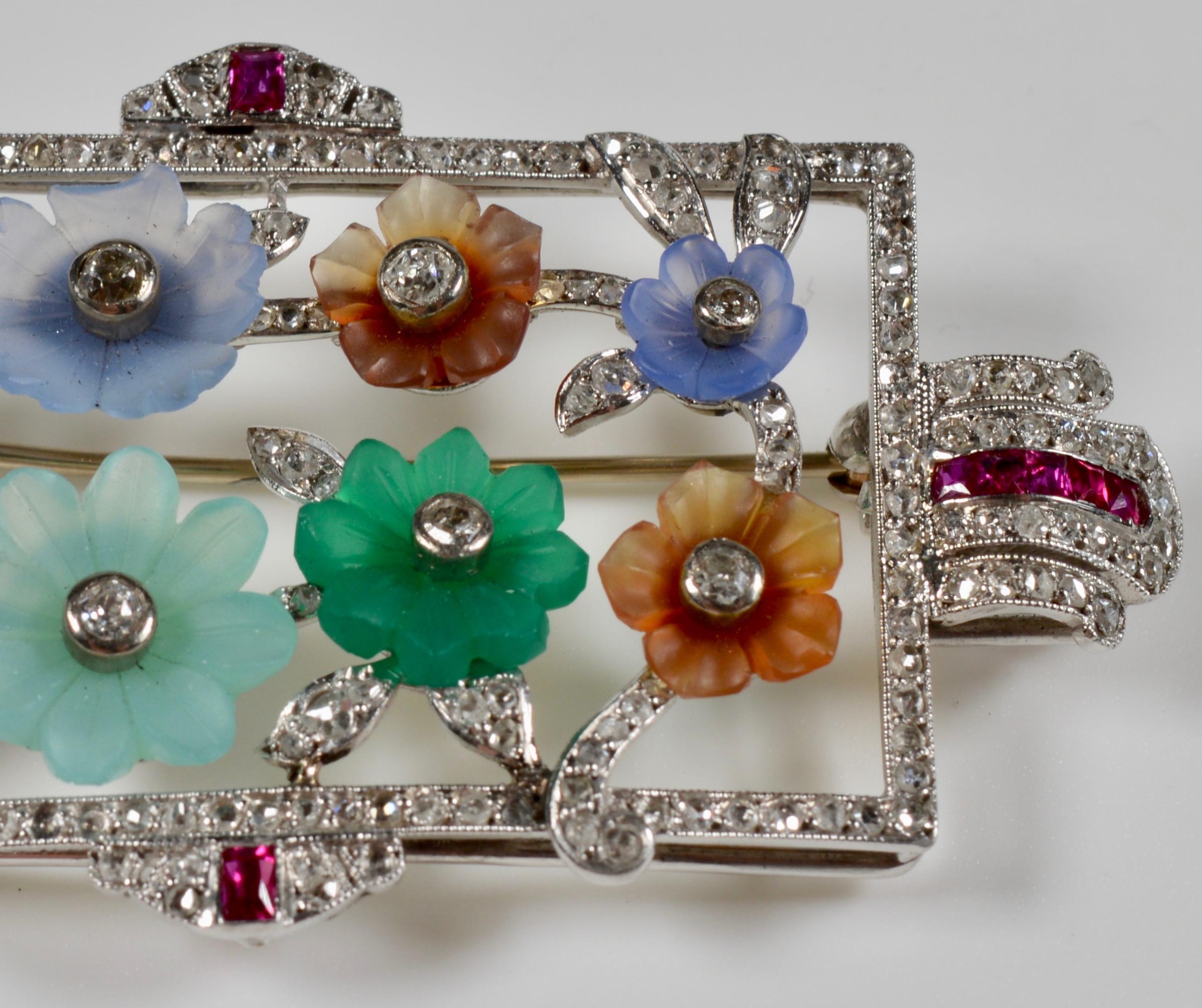 Women's or Men's Platinum Diamond and Carved Gemstone Flower Brooch, 1930s