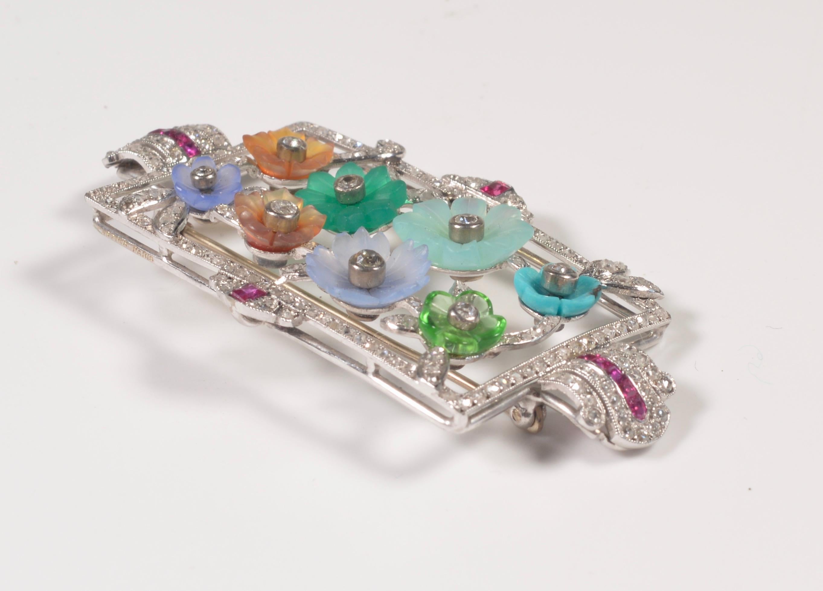 Platinum Diamond and Carved Gemstone Flower Brooch, 1930s 2