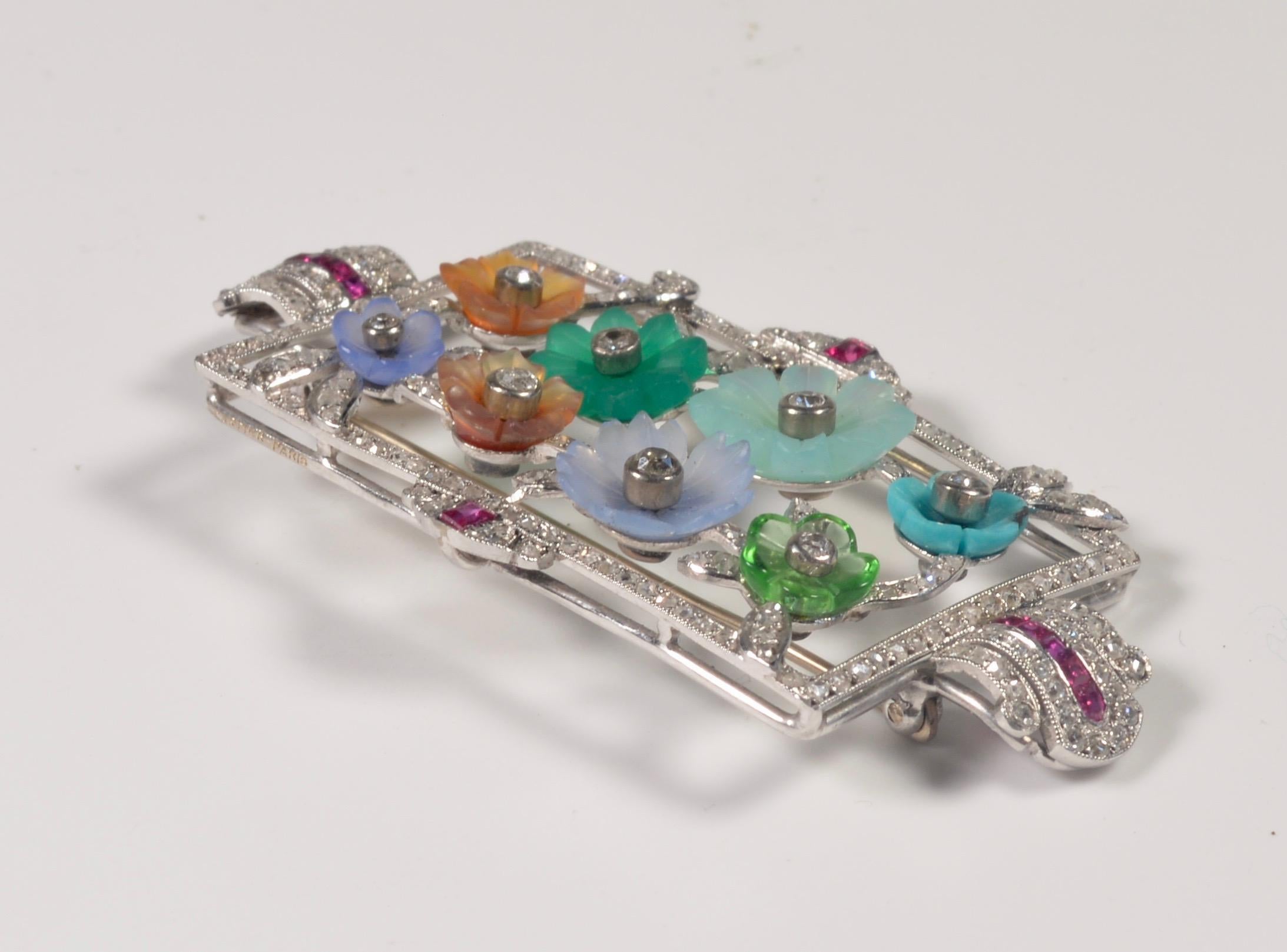 Platinum Diamond and Carved Gemstone Flower Brooch, 1930s 1