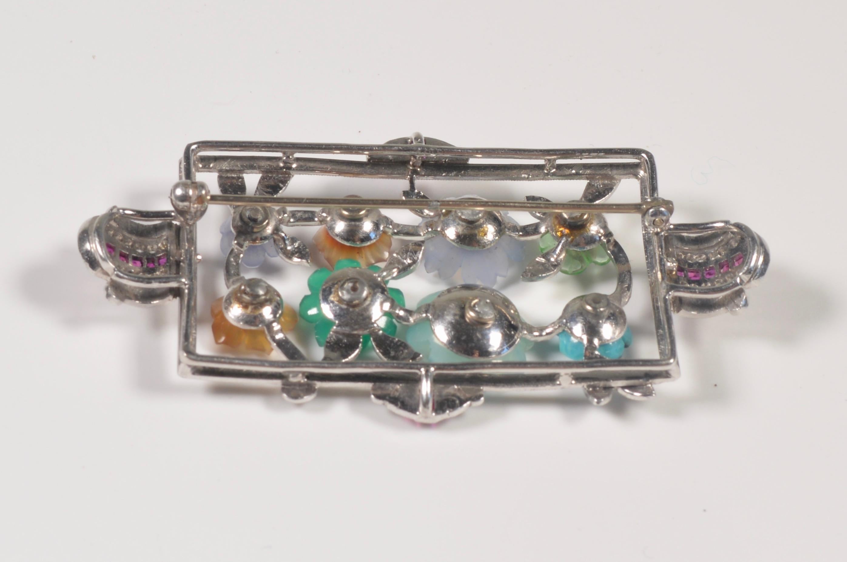 Platinum Diamond and Carved Gemstone Flower Brooch, 1930s In Good Condition In London, GB