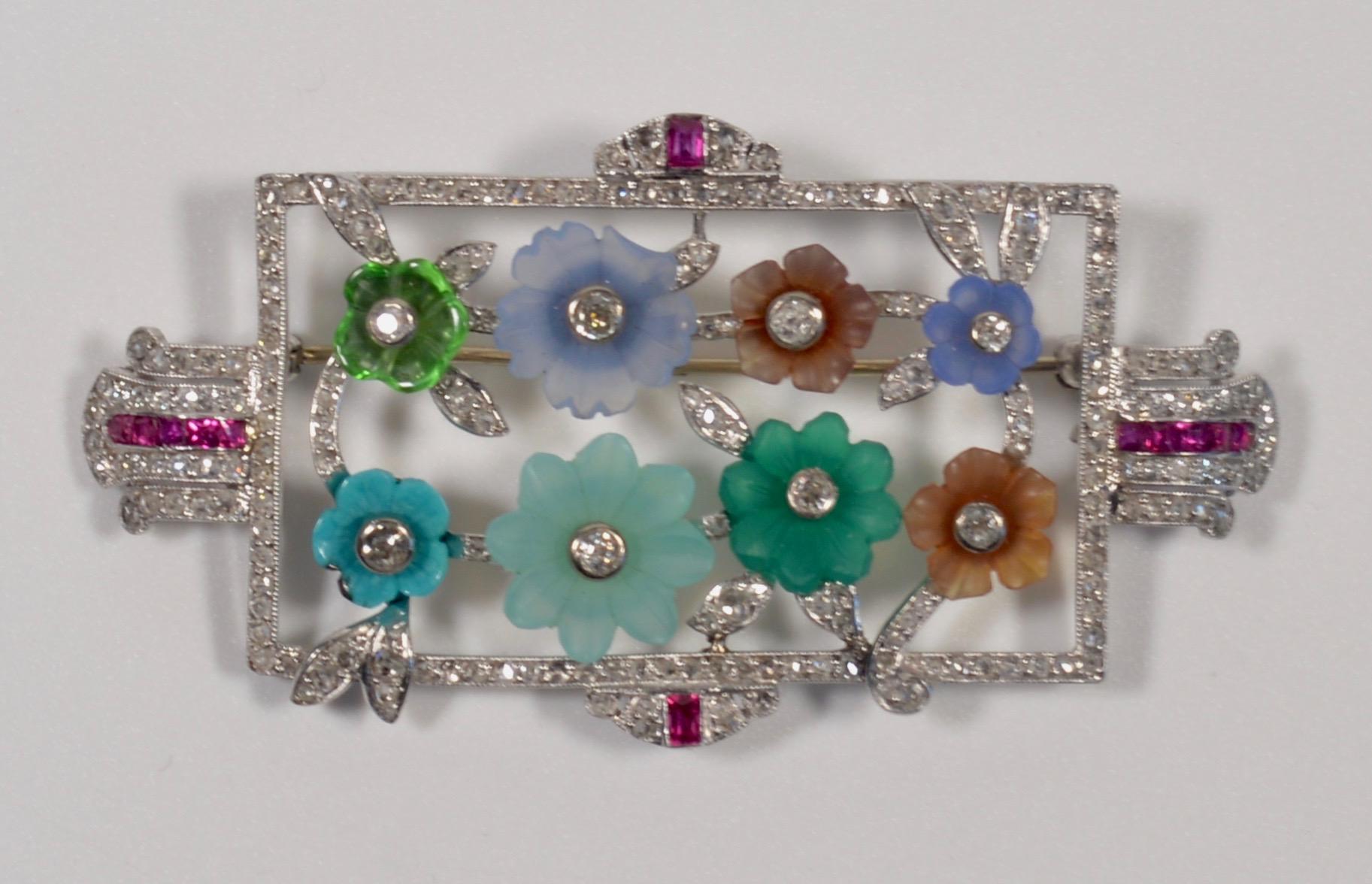 Platinum Diamond and Carved Gemstone Flower Brooch, 1930s 3