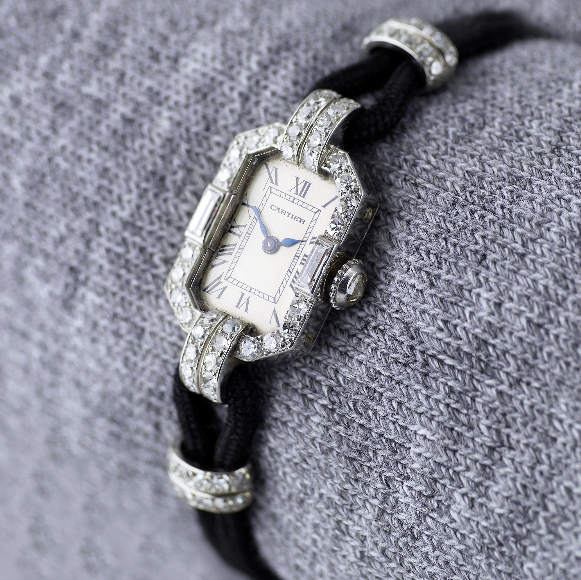 Women's Cartier Platinum Diamond Art Deco Wristwatch, circa 1925