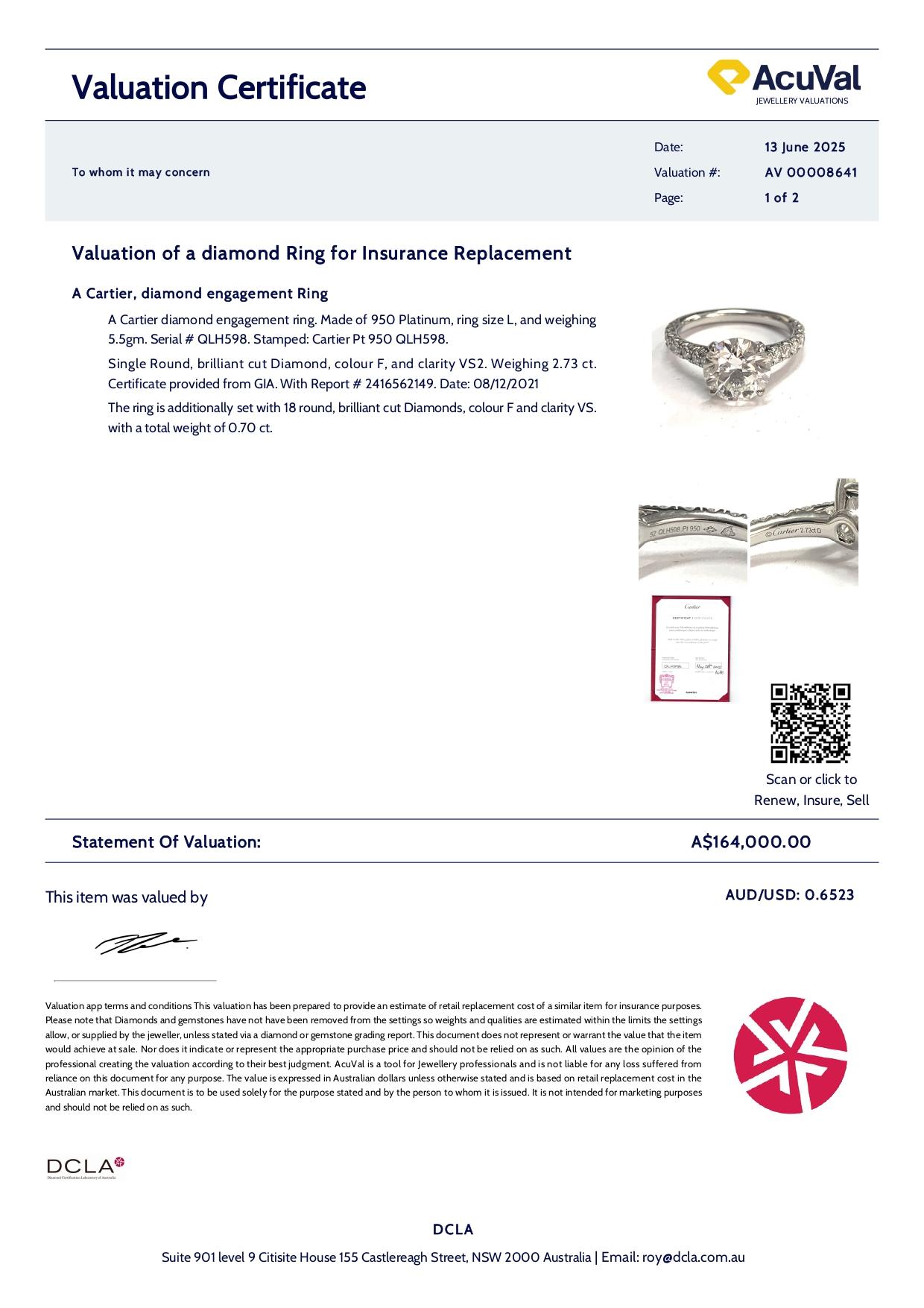 Cartier Platinum Diamond Engagement Ring 3.43ct 5.5g 10