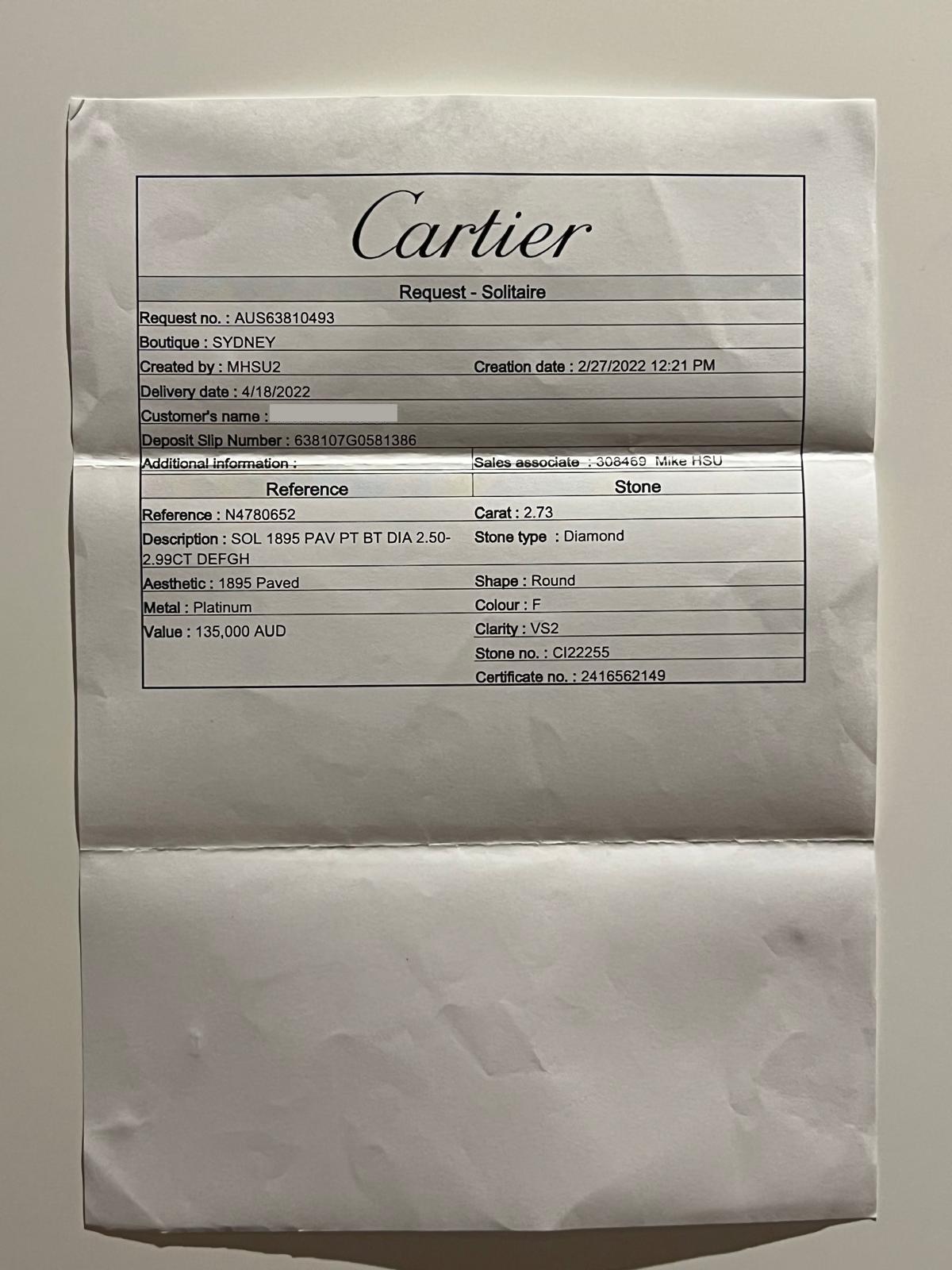 Cartier Platinum Diamond Engagement Ring 3.43ct 5.5g 15
