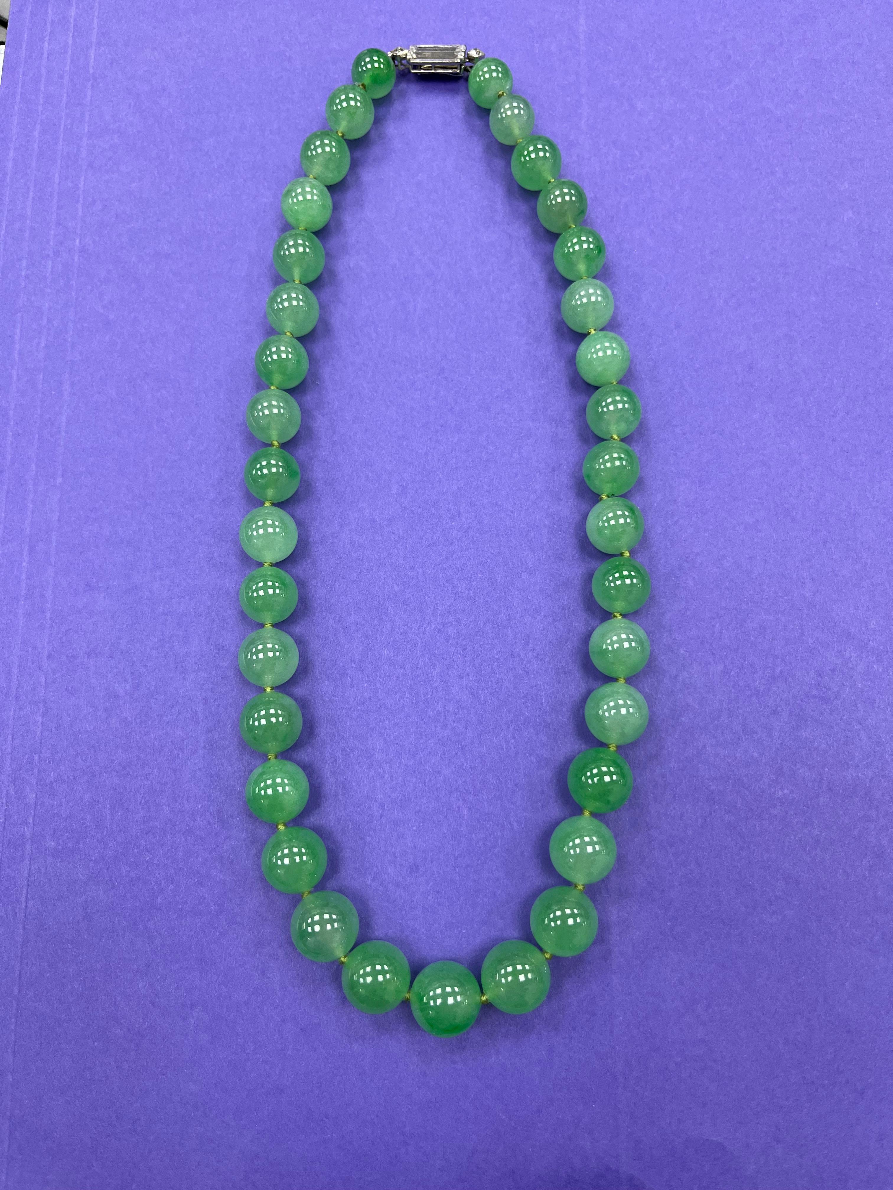 Baguette Cut Cartier Platinum Diamond Large Jadeite Bead Necklace