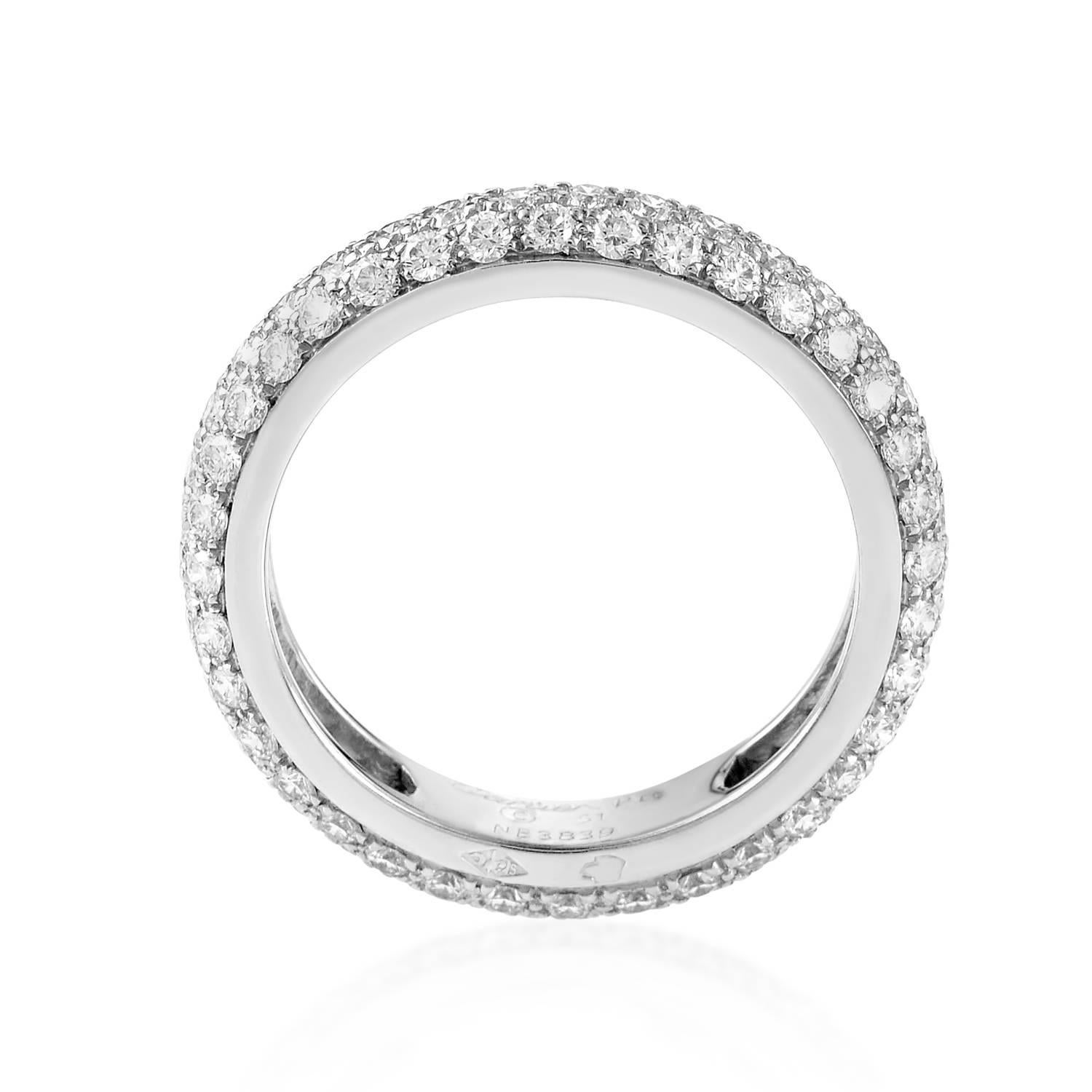 A gorgeous pave of white diamonds lends an ultra exclusive vibe to this eternity band from Cartier. The ring is made of platinum and features a full 1.50ct diamond pave.