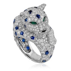 CARTIER Platinum Diamond, Sapphire and Emerald-Eyed Panther Ring