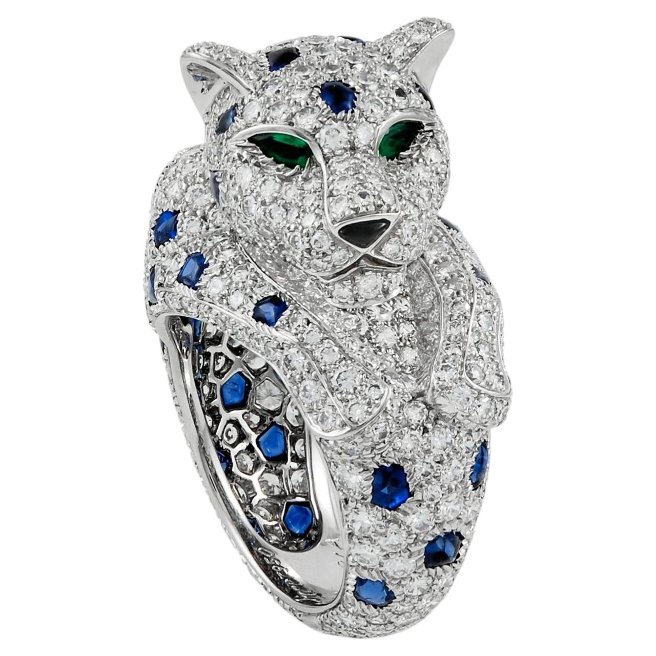 CARTIER Platinum Diamond, Sapphire and Emerald-Eyed Panther Ring