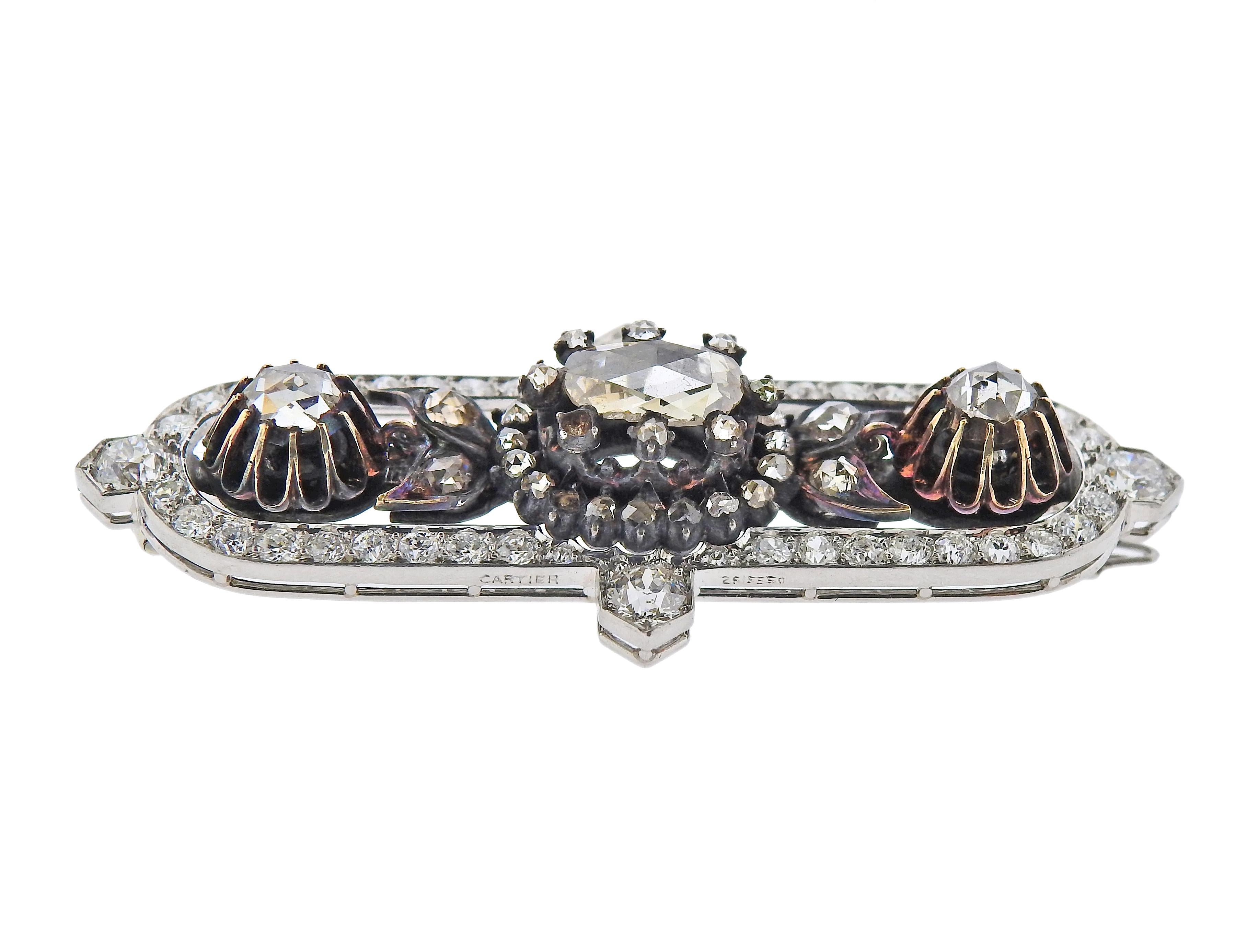 Rose Cut Cartier Platinum Diamond Silver Brooch Pin For Sale