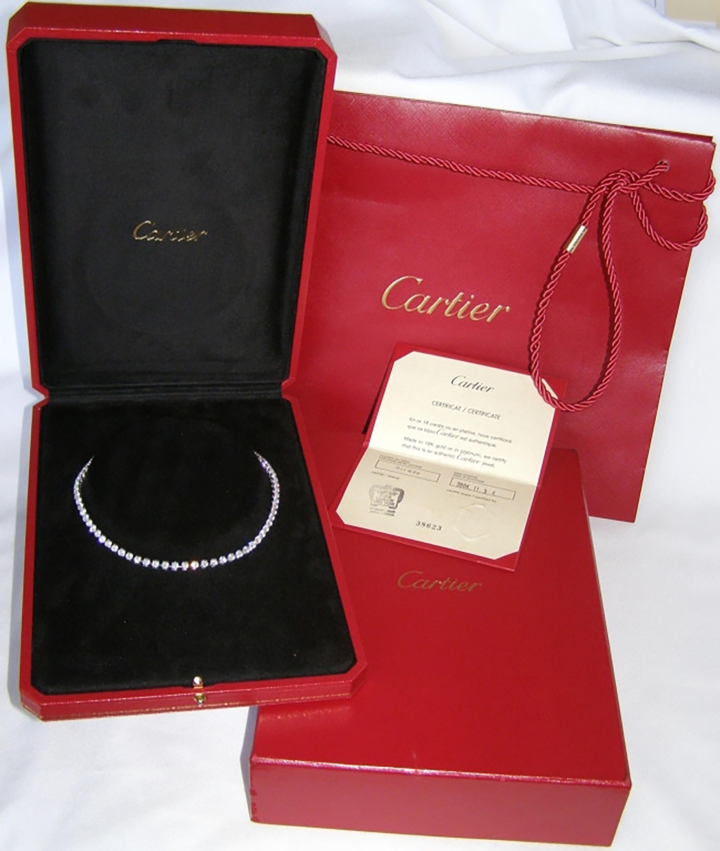 Cartier Platinum Diamond Tennis Line Necklace ~ 15.00tcw Diamonds ~ 75 Round brilliant Cut Diamonds ~ All Cartier Factory Diamonds ~ With Cartier Certificate of Authenticity From When Purchased New 2004.11.04 Cartier Platinum Diamond Tennis Line