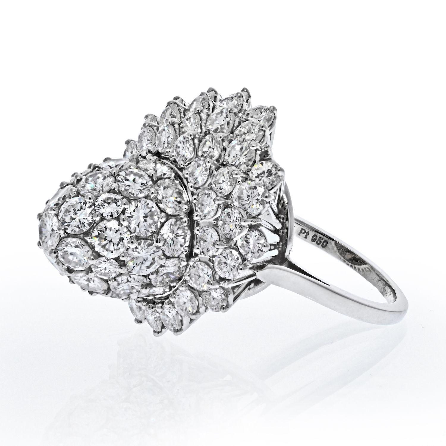 Exceptional quality comes from Cartier: foilage inspired diaond ring in platinum, crafted with round cut diamonds of an approx. 5.85cttw. 
Diamonds are extremely brilliant and clean. 
This is an unusual shape ring, it does remind us of a tulip but