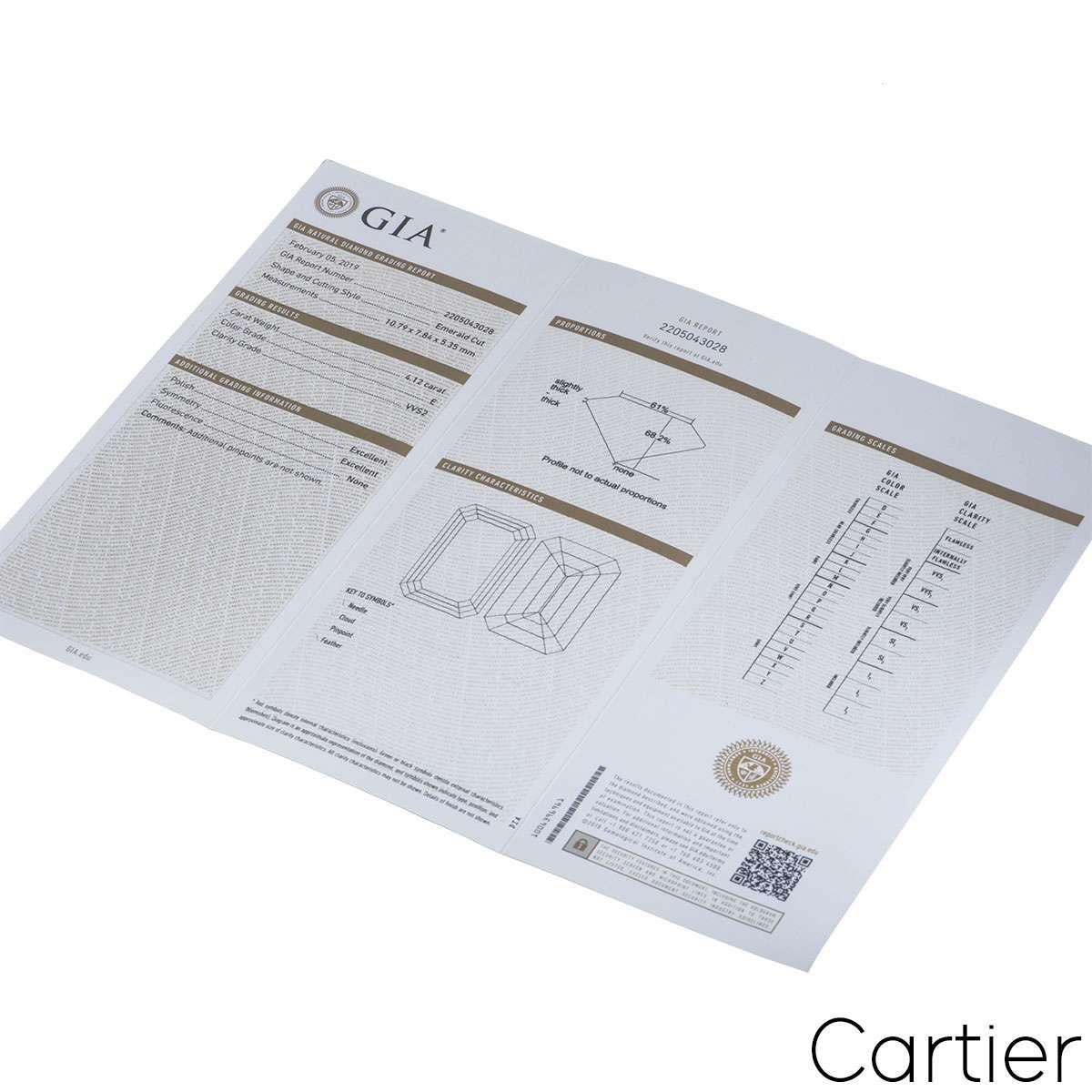 Cartier Platinum Emerald Cut Diamond Ring 4.12 Carat E/VVS2 GIA Certifiec 1