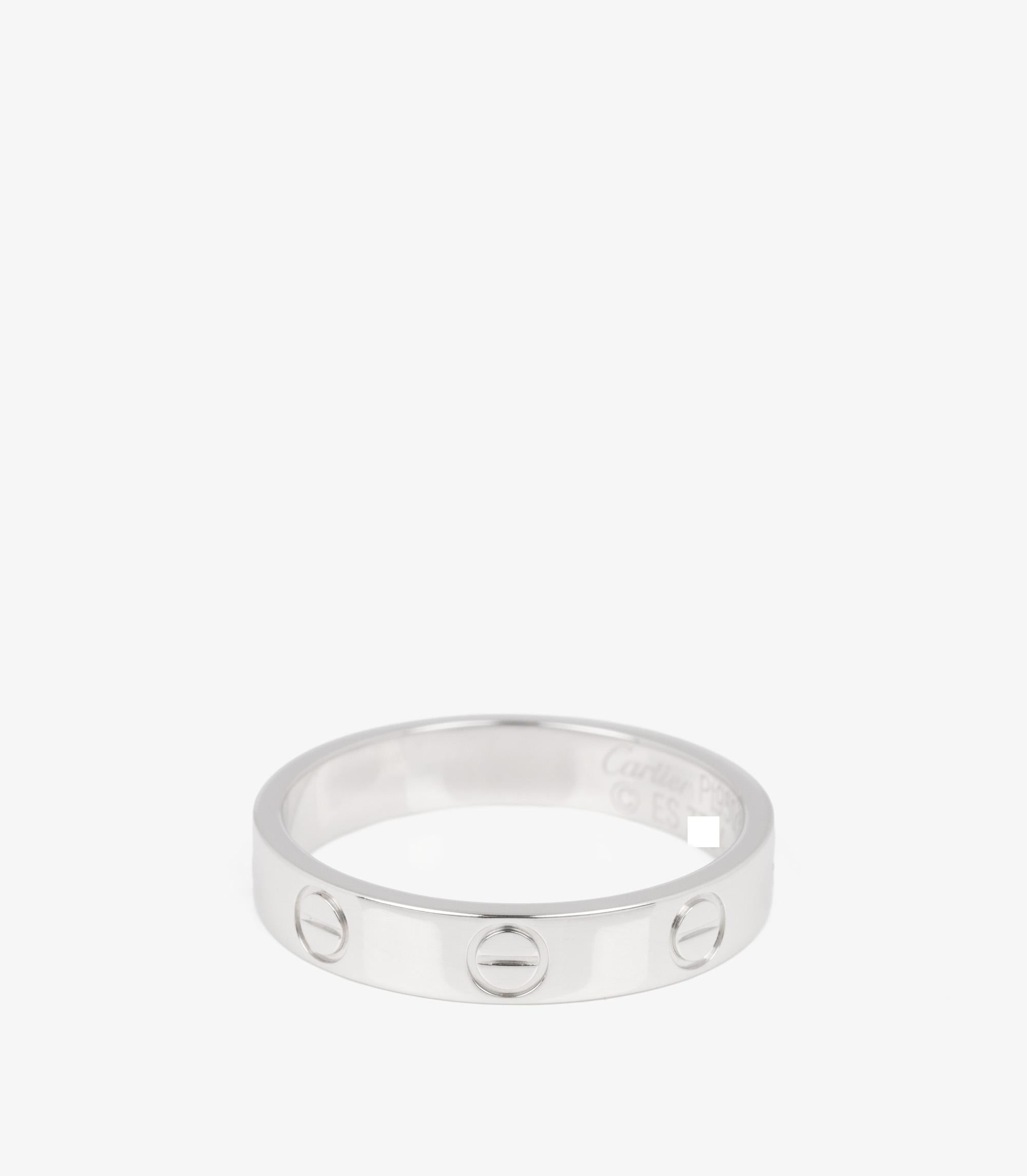 Cartier Platinum Love Wedding Band Ring

Brand- Cartier
Model- Love Wedding Band
Product Type- Ring
Serial Number- ES****
Age- Circa 2006
Accompanied By- Cartier Certificate
Material(s)- Platinum
UK Ring Size- M 1/2
EU Ring Size- 53
US Ring Size- 6