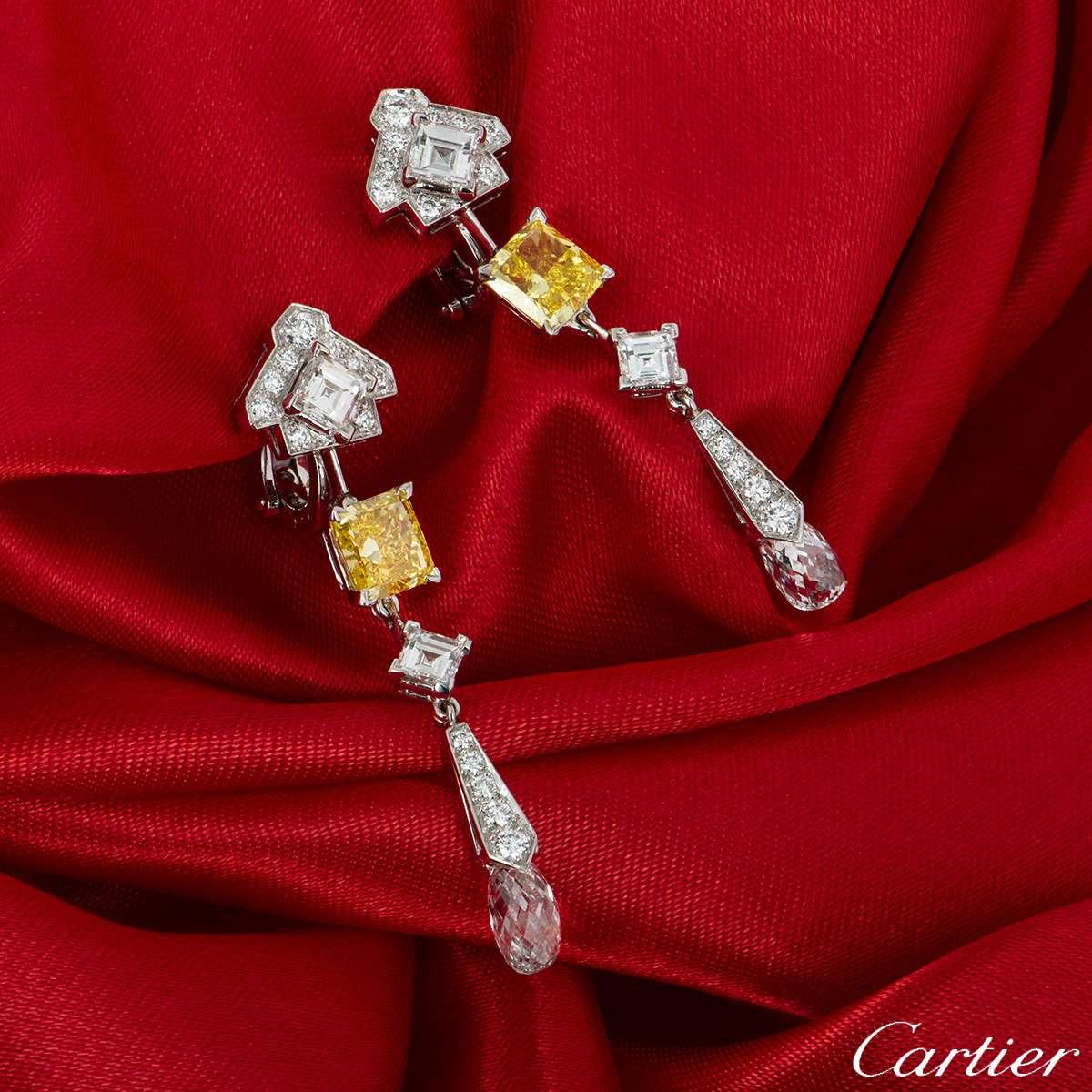 Retailing for £250,000 in 2012, we present a magnificent pair of platinum diamond drop earrings from the Mousseline collection by Cartier. Each earring features a mixture of square emerald cut, round brilliant cut and briolette cut white diamonds.