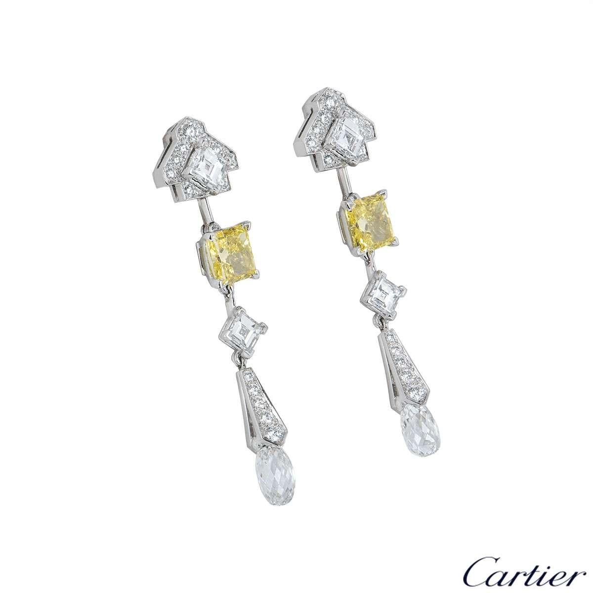 Cartier Platinum Mousseline Fancy Vivid Yellow Radiant Cut Diamond Drop Earrings In Excellent Condition In London, GB