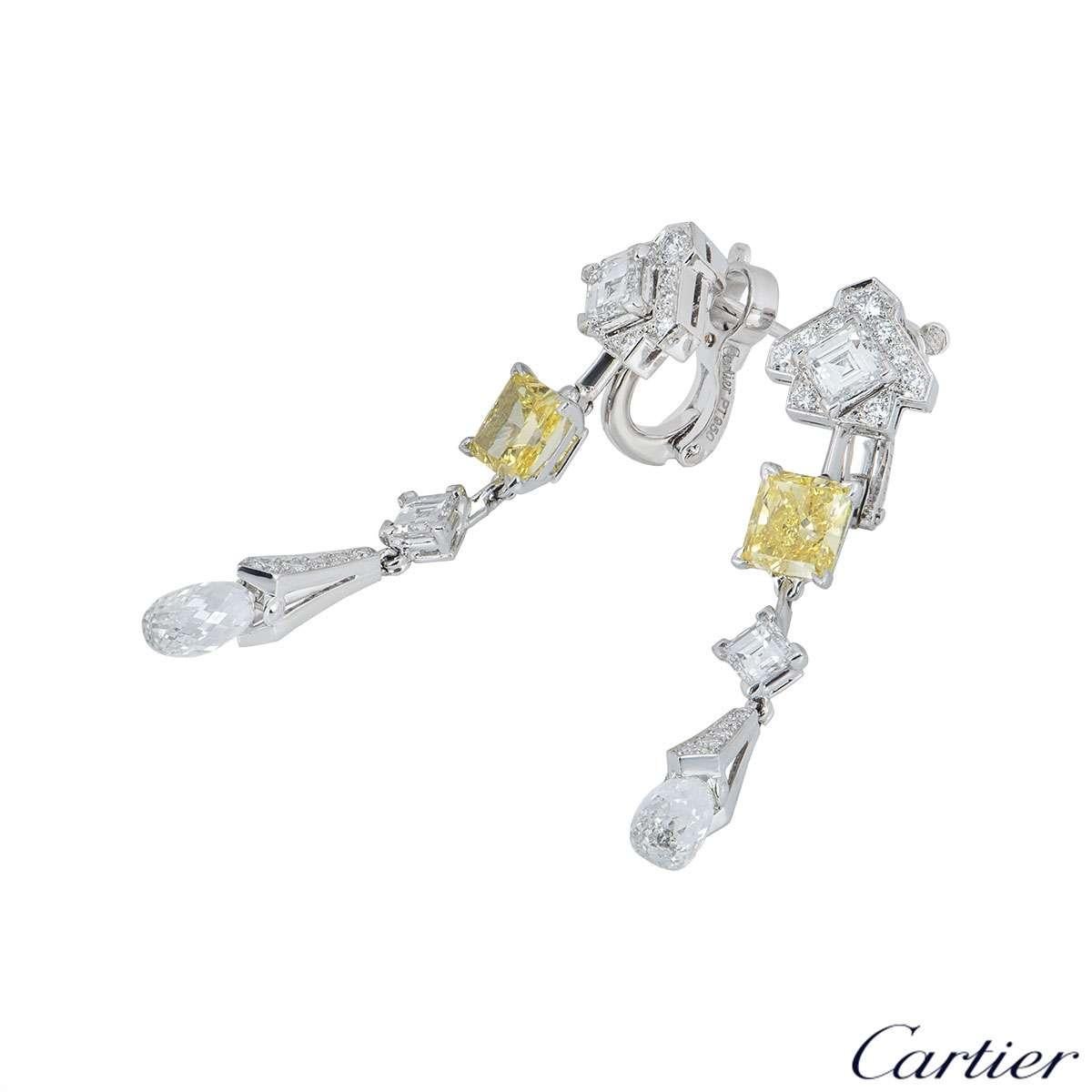 Women's Cartier Platinum Mousseline Fancy Vivid Yellow Radiant Cut Diamond Drop Earrings