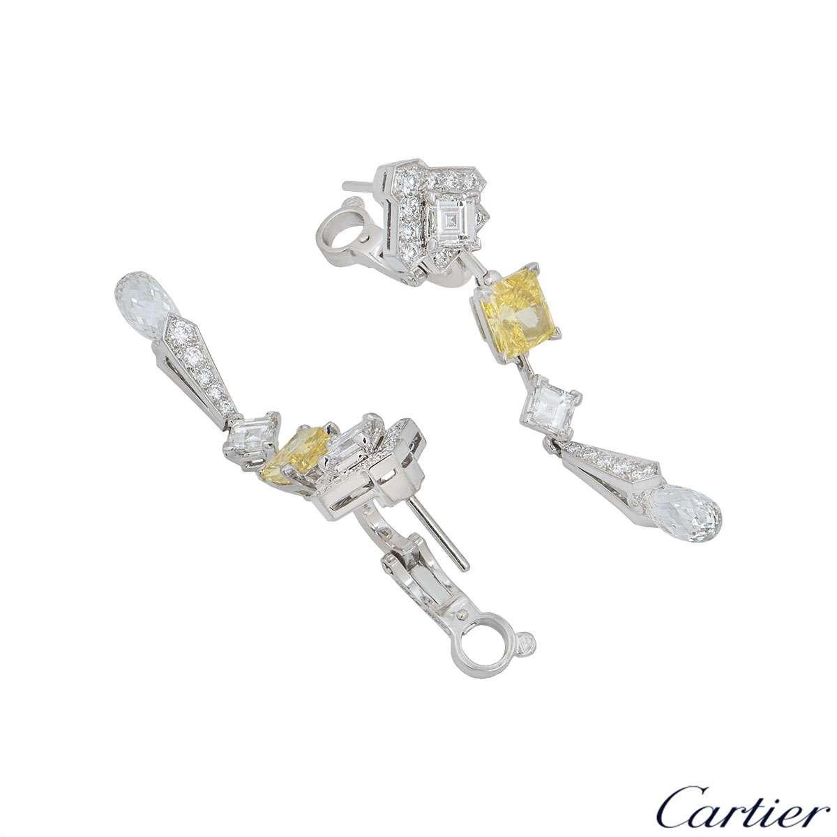 Cartier Platinum Mousseline Fancy Vivid Yellow Radiant Cut Diamond Drop Earrings 1