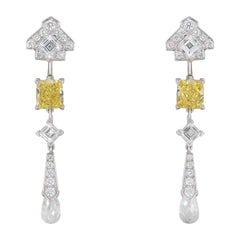 Cartier Platinum Mousseline Fancy Vivid Yellow Radiant Cut Diamond Drop Earrings