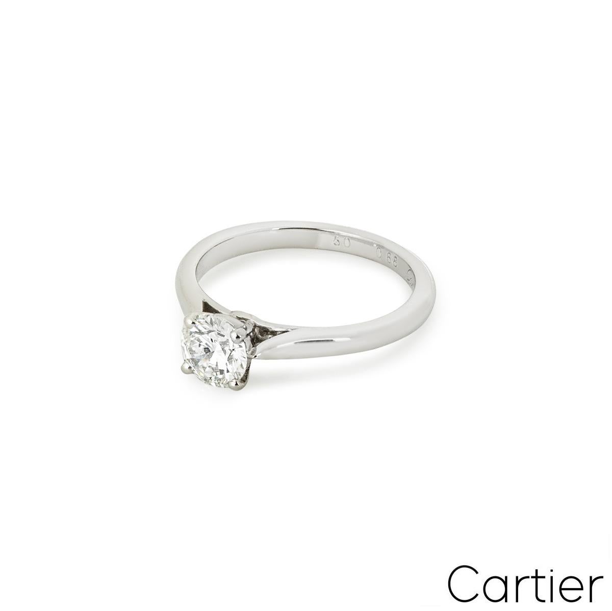 Cartier Platinum Round Brilliant Cut Diamond Solitaire 1895 Ring 0.68ct G/VS1 In Excellent Condition In London, GB