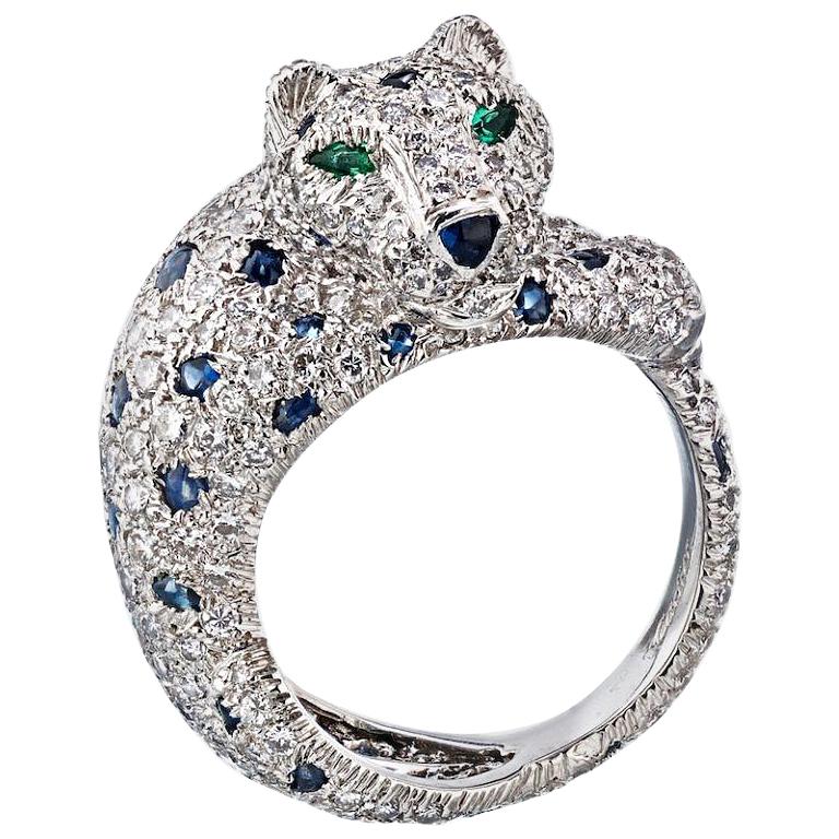 Cartier Platinum Sapphire and Diamond Panther Pave Ring