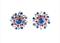 Cartier Platinum Sapphire & Ruby Floral Earrings