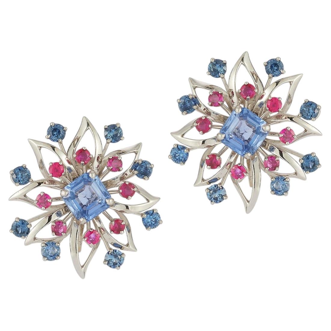 Cartier Platinum Sapphire & Ruby Floral Earrings For Sale