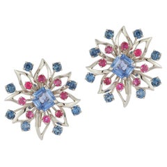 Cartier Platinum Sapphire & Ruby Floral Earrings