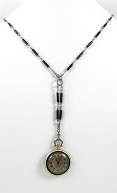 Cartier Platinum Yellow Gold Diamond Black Enamel Pendant Watch Necklace